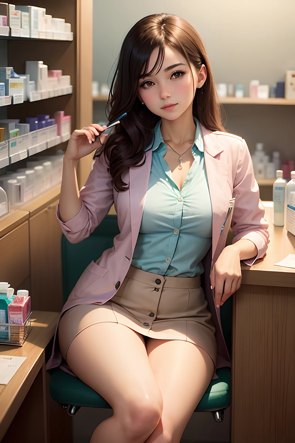 A BEAUTIFUL YOUNG PHARMACIST GIRL IS SITTING IN THE MEDICINE COUNTER