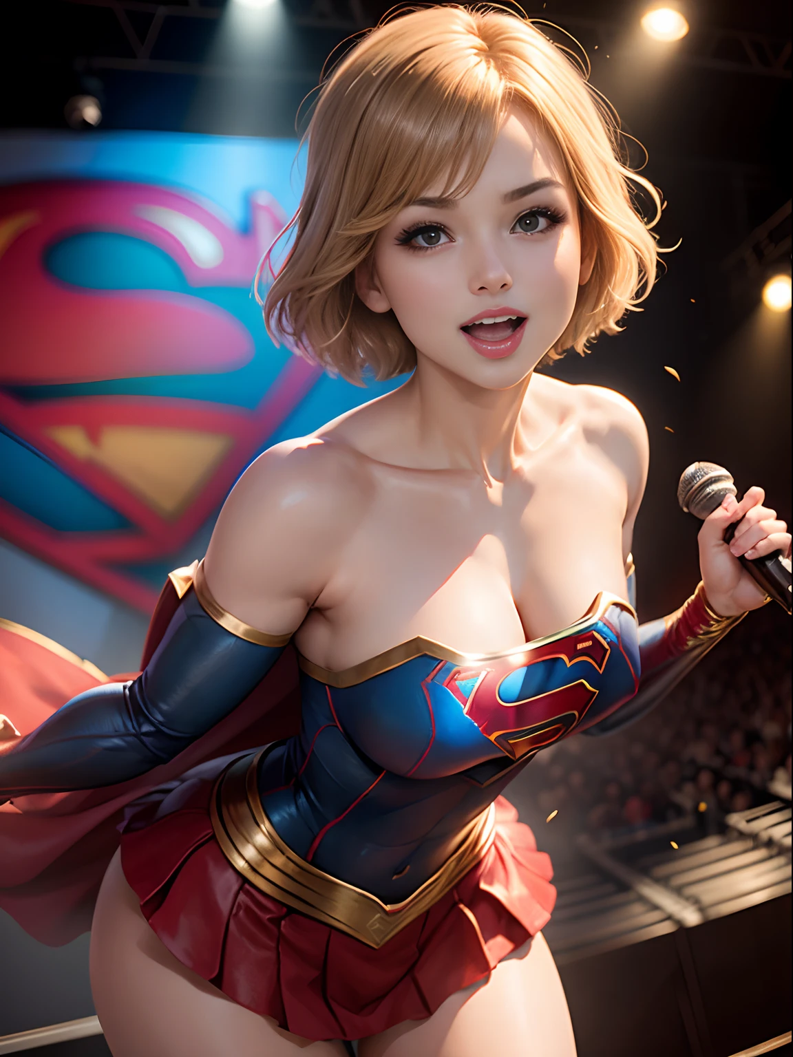 ​masterpiece、Short-haired Supergirl singing enthusiastically on stage、large full breasts、Looking at the camera、Glossy costume、