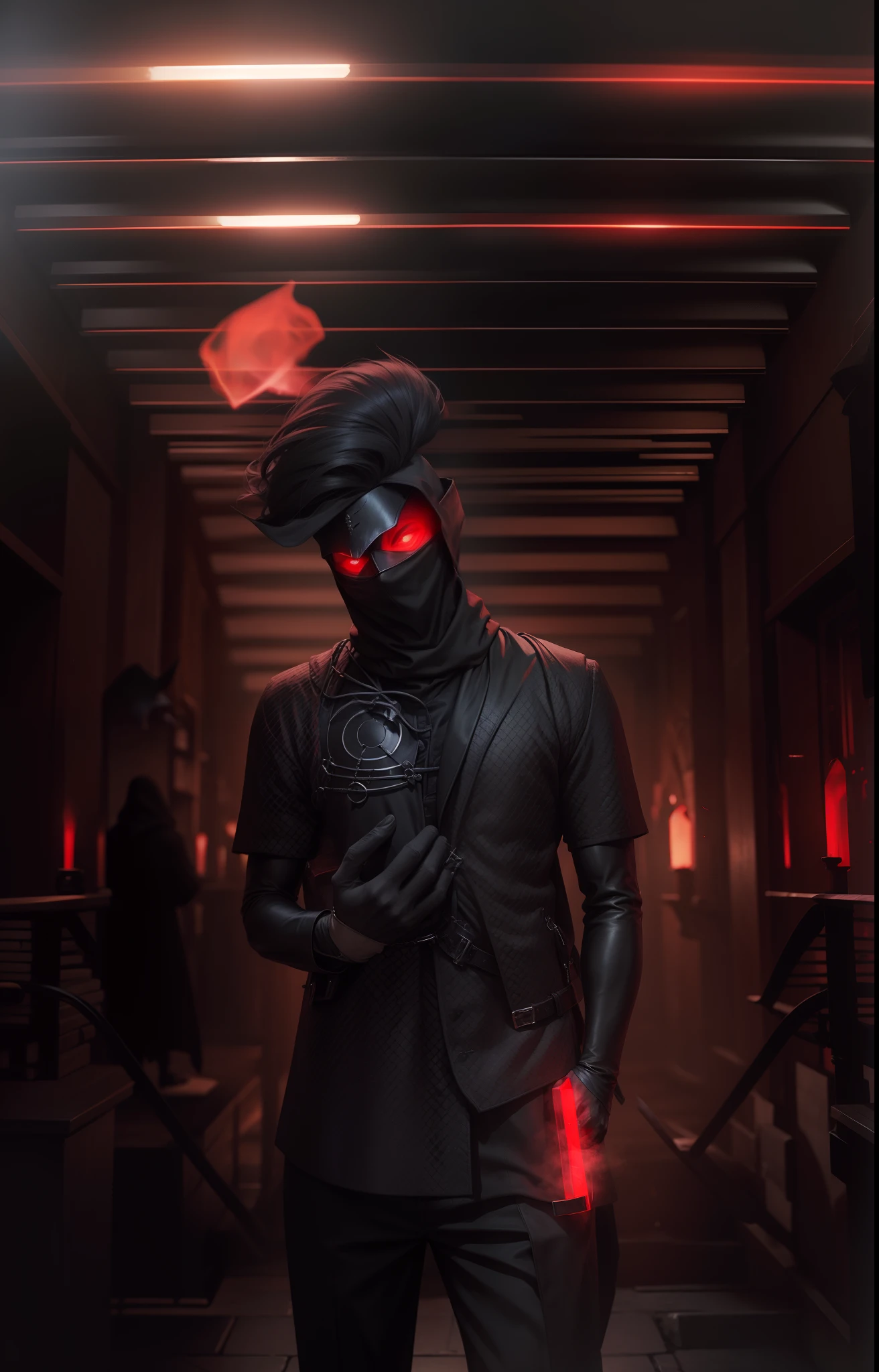 A man in a black hood, his face is not visible, red glowing eyes, in the Middle Ages, in a black overcoat