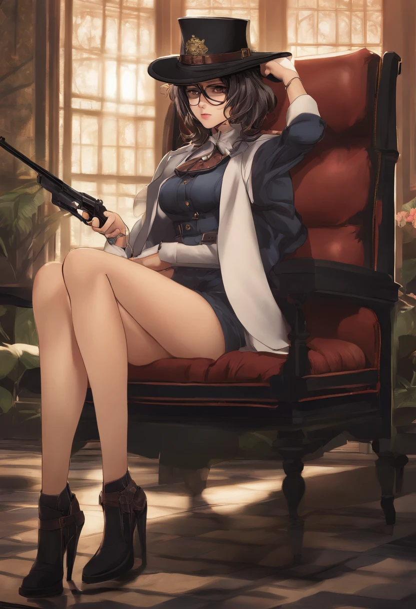 Anime girl sitting in chair,With a gun and hat, akane owari danganronpa, rei hiroe black lagoon manga, author:shirow masamune, Best anime 4k konachan wallpaper, black lagoon, black lagoon manga, style of masamune shirow, gapmoe yandere grimdark, author:Shiroro Masamune