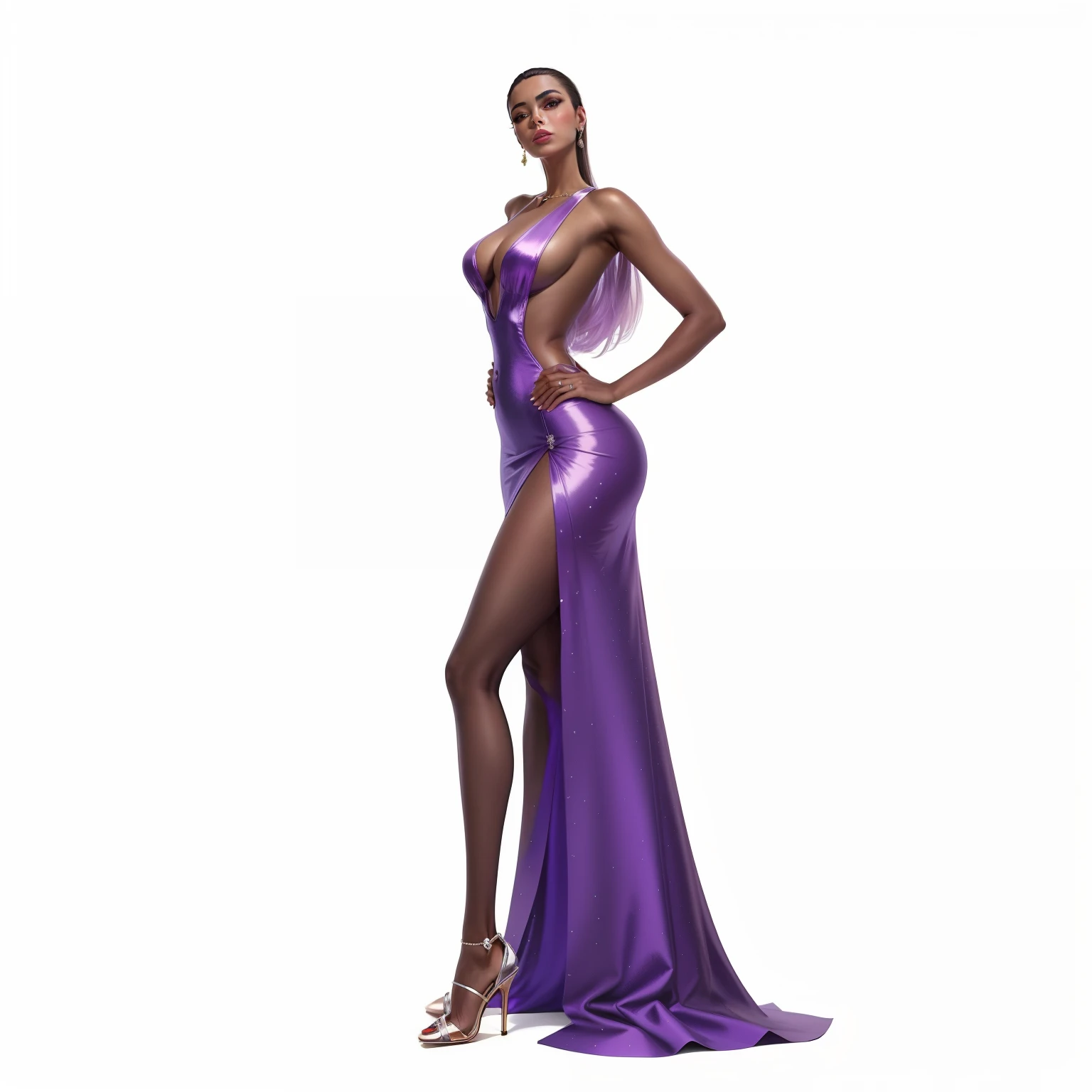 uma mulher em um vestido roxo posando para uma foto, Pose de moda glamourosa, elegante pose de glamour, pose de glamour, ( ( pele escura ) ), pele escura deusa feminina do amor, vestido em um vestido roxo, fantasia vestido longo intrincado, arte digital. @mariomaniacdude, glamour moda pose, vestido cintilante de diamante, pele roxa escura