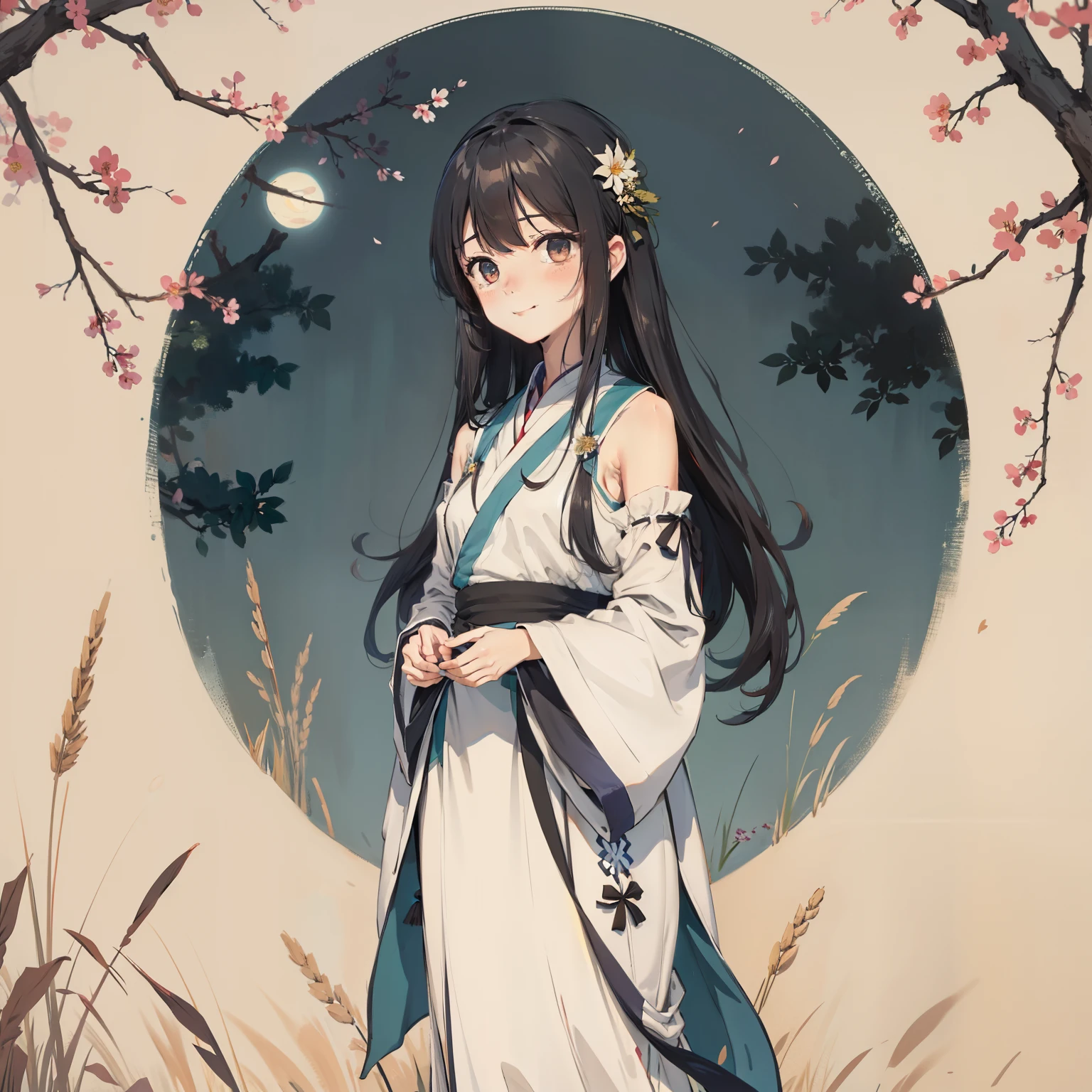 Masterpiece, Best quality, 超高分辨率, Detailed illustration, Portrait, Detailed, 1 girl standing in a wheat field, Solo, Long hair, dress, flower, White Hanfu, Smile, full bodyesbian, flor branca, Bare shoulders, Very long hair, aqua hair, Closed mouth, facingviewer, bangs,