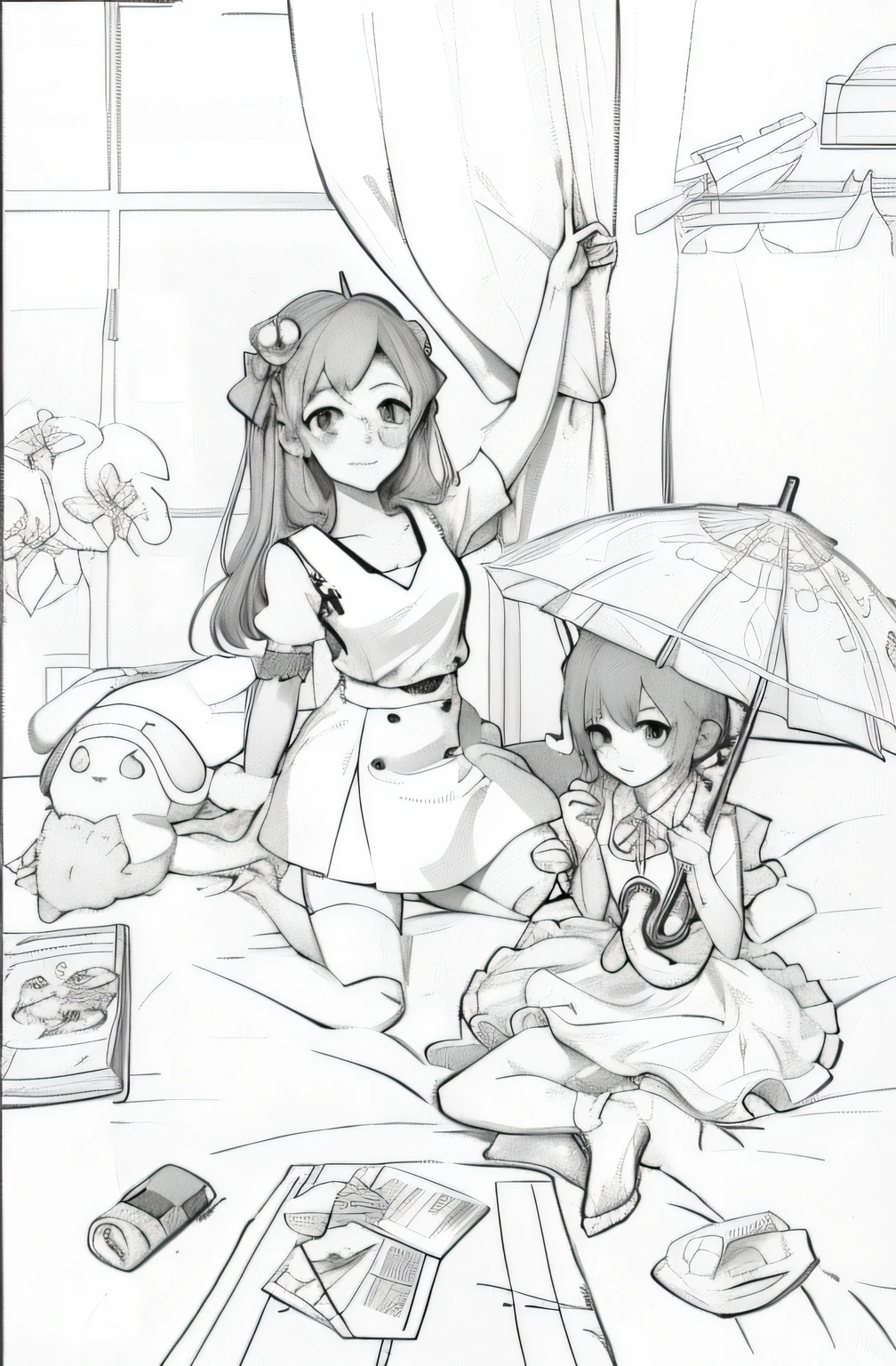 Draw a girl and a girl sitting on bed with an umbrella, inspired by Matsumura Goshun, Loli, Manhwa Style, concept piece, anime maids riding early tanks, DDLC, In a Japanese anime style, clean lineart, author：Middle Bokuhn, Manhwa Style, inspired by Koryusai Isoda
