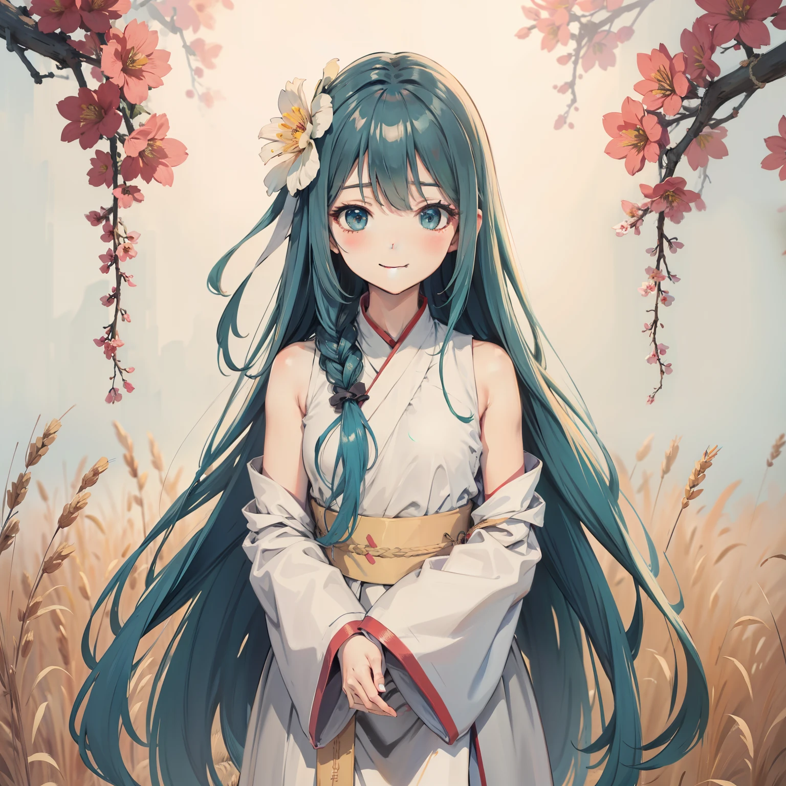 Masterpiece, Best quality, 超高分辨率, Detailed illustration, Portrait, Detailed, 1 girl standing in a wheat field, Solo, Long hair, dress, flower, White Hanfu, Smile, full bodyesbian, flor branca, Bare shoulders, Very long hair, aqua hair, Closed mouth, facingviewer, bangs,