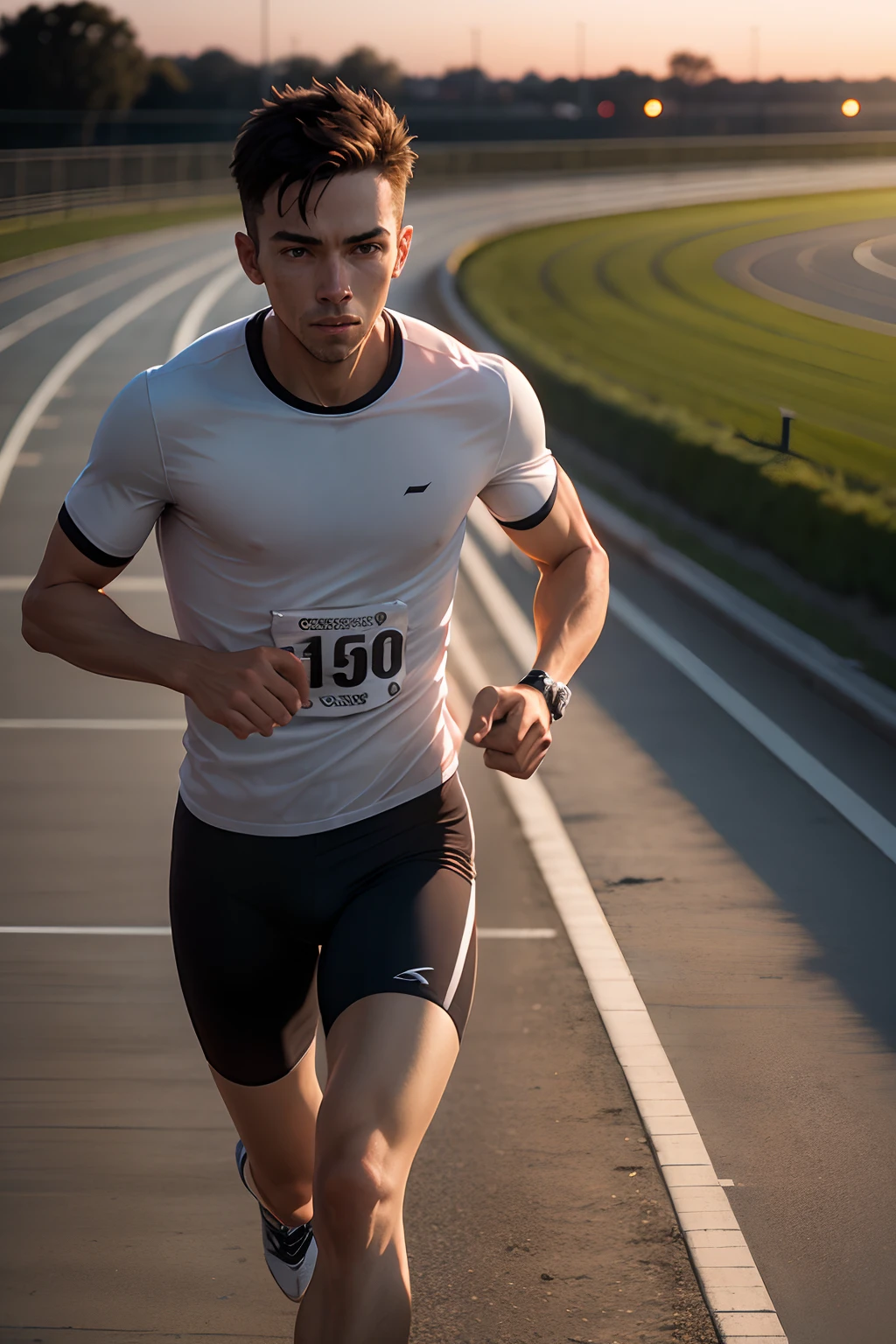 "A man in his mid-30s, wearing a blue athletic shirt and black running shorts, is running on a suburban road during the early morning. The sun is just beginning to rise, casting a golden glow over the scene. The road is lined with trees and well-kept houses, with a few cars parked along the side. The man appears focused and determined, with sweat visible on his forehead and a look of concentration on his face. The air is cool, and a slight breeze ruffles his hair as he runs."