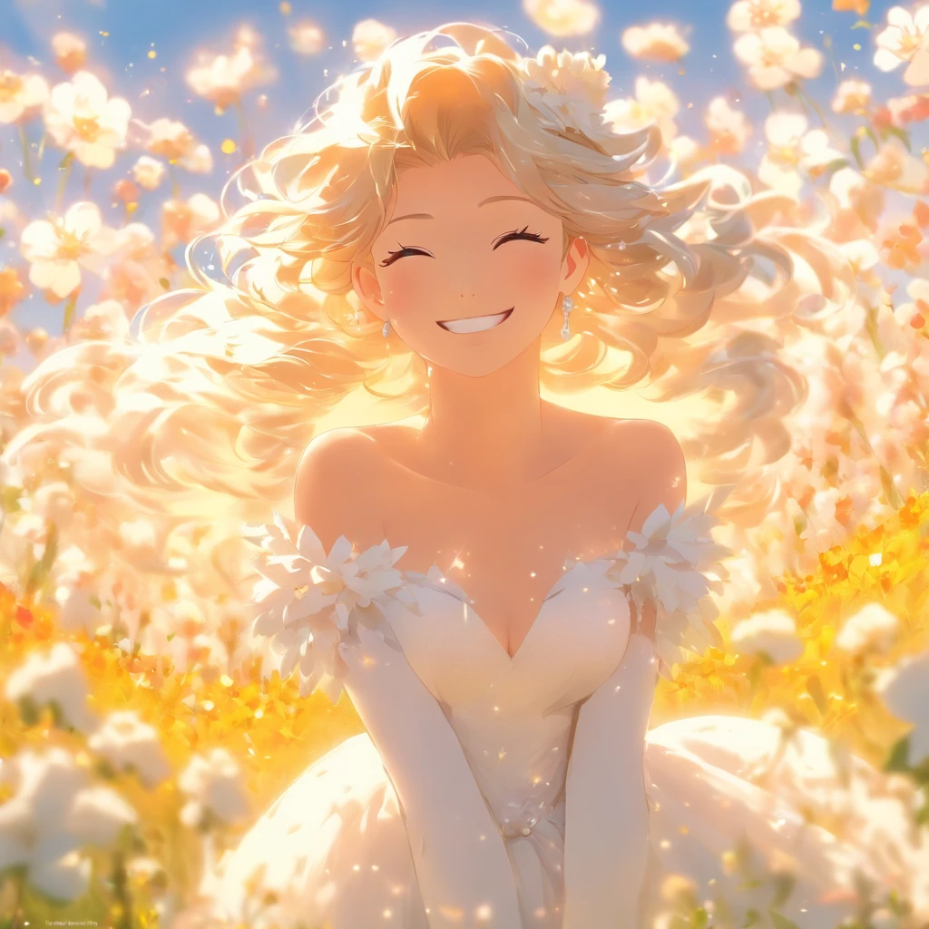 xxmixgirl:1.7,1girl in white wedding dress, Bare shoulders, blooming flower field, light smile, wollensak 127mm f/4.7 ektar
