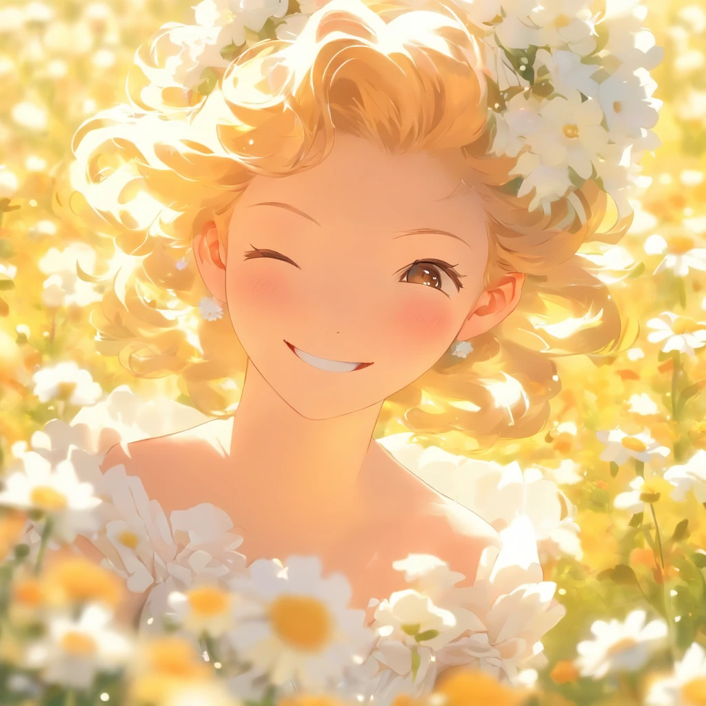 xxmixgirl:1.7,1girl in white wedding dress, Bare shoulders, blooming flower field, light smile, wollensak 127mm f/4.7 ektar