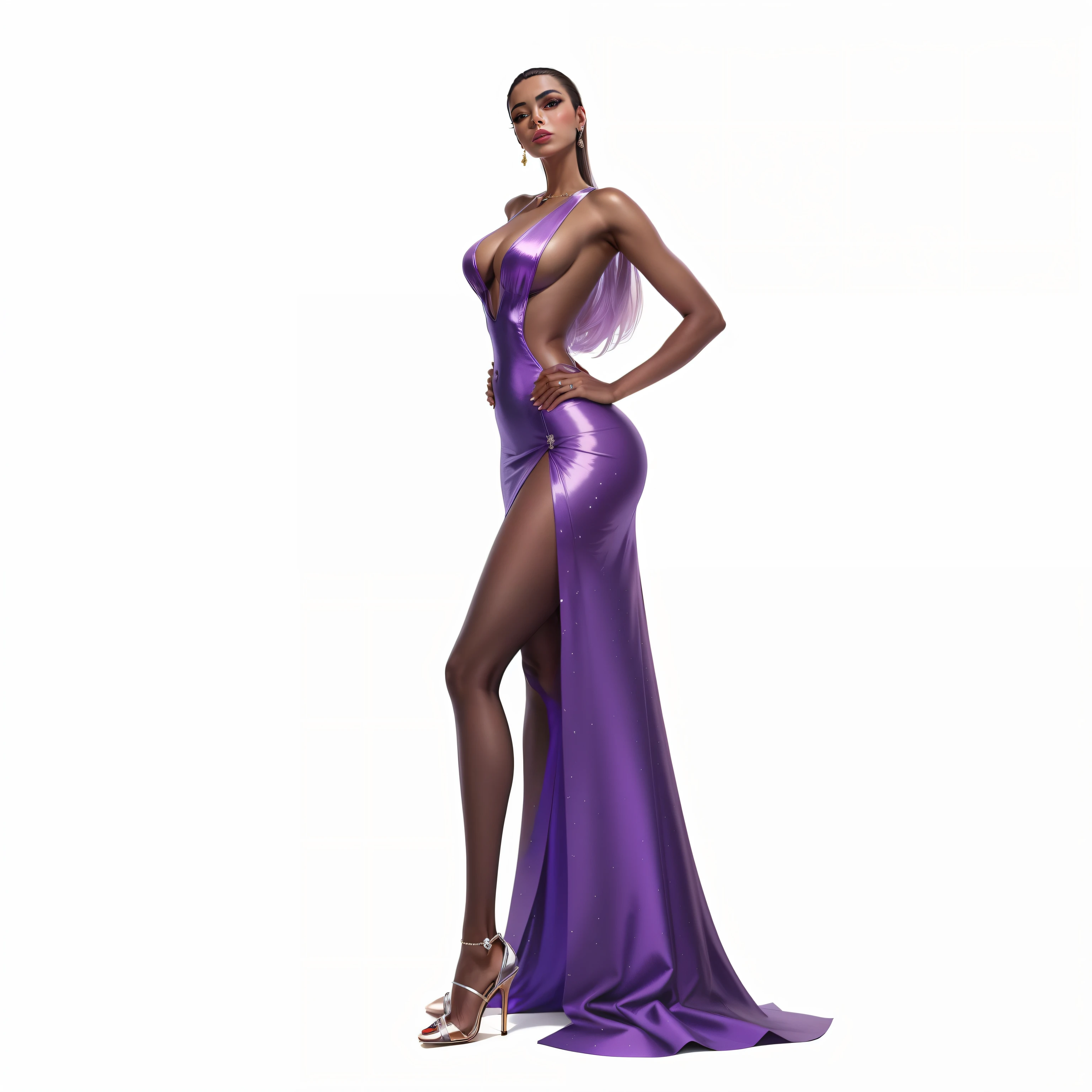 uma mulher em um vestido roxo posando para uma foto, vestido em um vestido roxo, render de mirabel madrigal, elegante pose de glamour, distant full body view, coberto de roxo sedoso e dourado, coberto de seda roxa e dourada, Pose de perfil glamoroso, Pose de perfil de corpo inteiro, corpo inteiro feminino, corpo inteiro feminino, Vogue Rendering