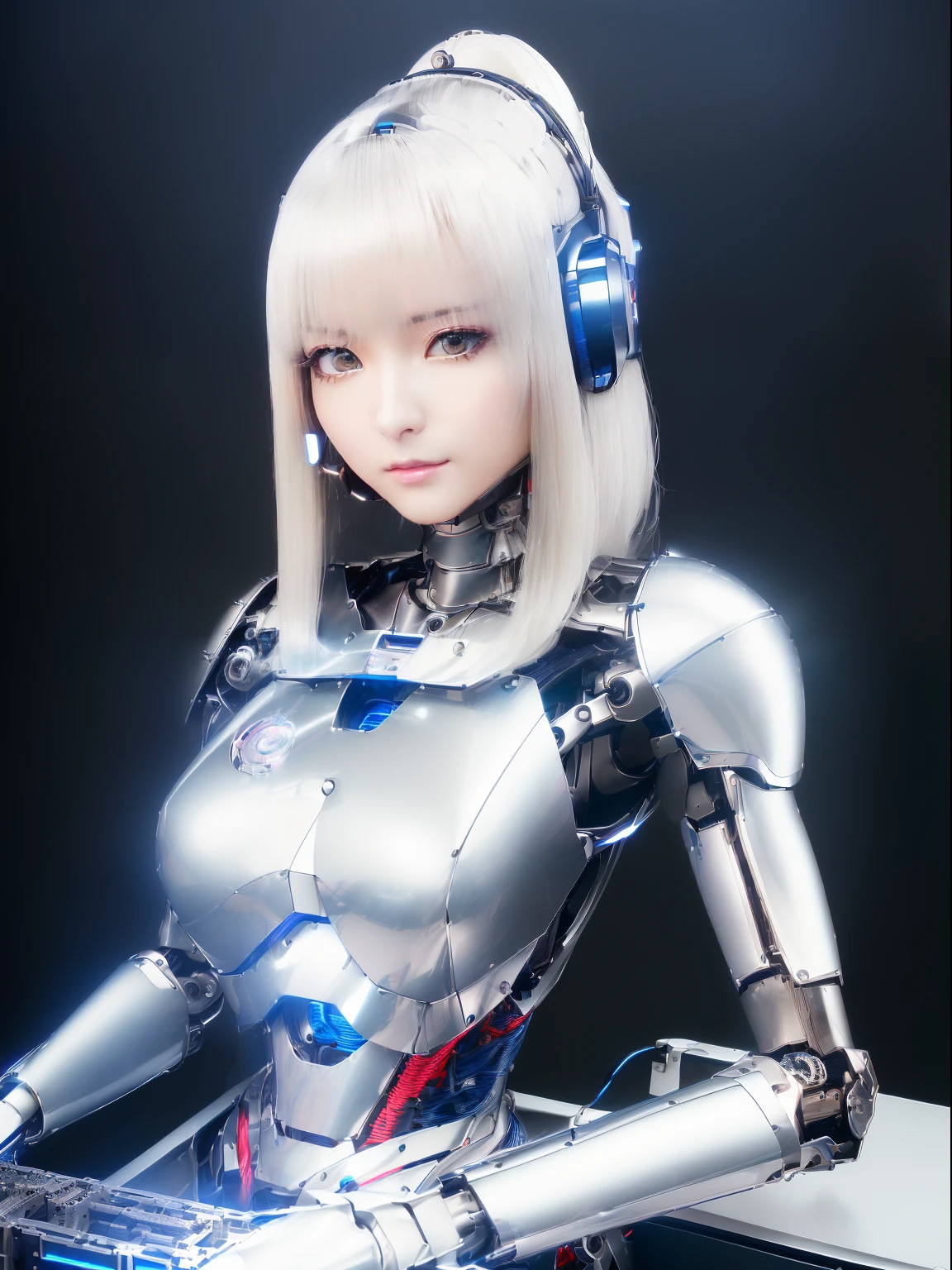 (highest quality、masterpiece)Japan woman converted into a robot、40 year old female、silver hair、Helmet-shaped head、blue eyes、Silver metallic robot body from the neck down、Big breasts、glamorous figure、robot joints、The internal structure, mechanical frame, and wiring are exposed.、Mekabare