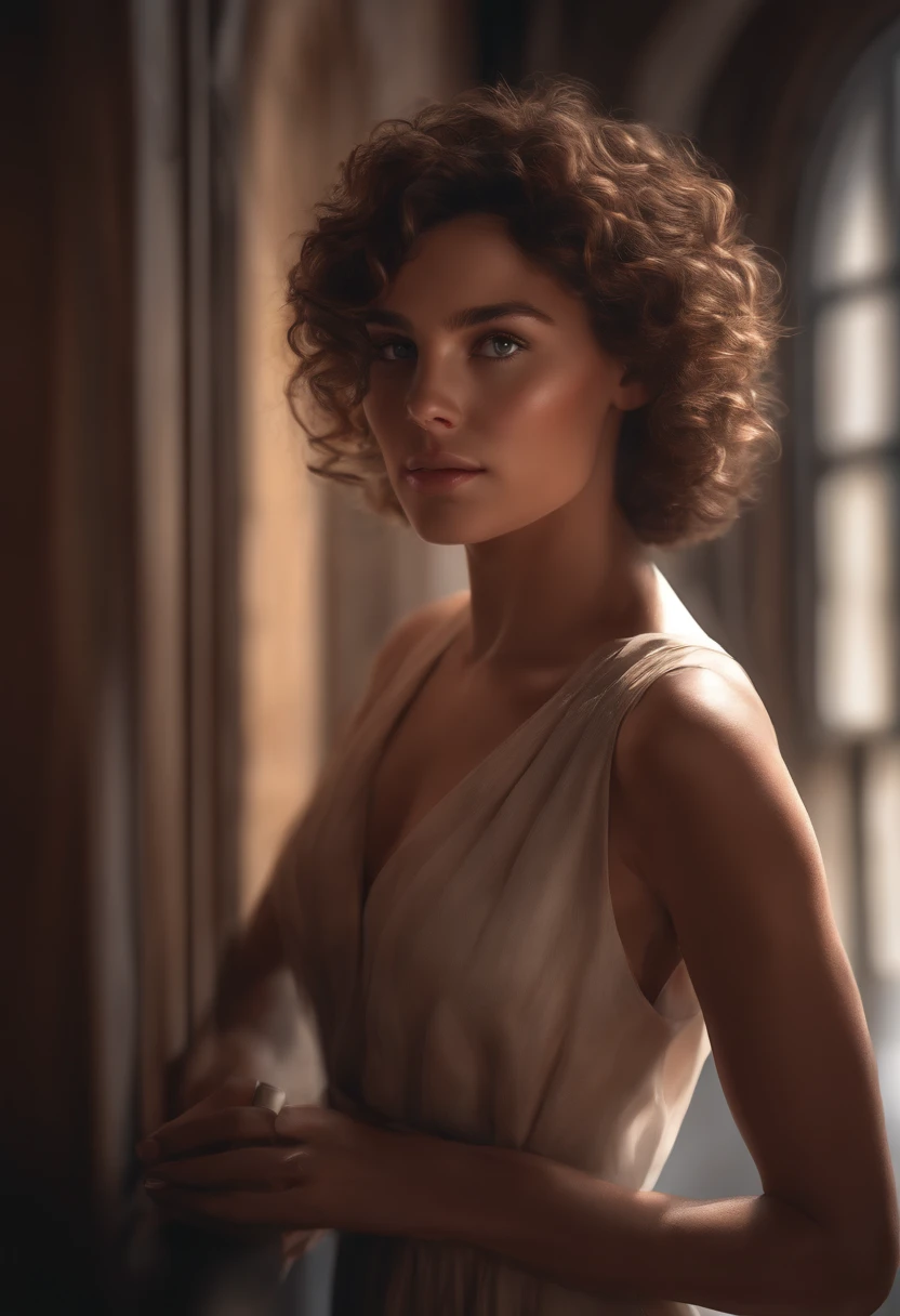 uma mulher com cabelos ruivos e um vestido vermelho, Arte digital realista 4K, Arte digital realista 4K, foto retrato suave 8 k, pintura digital realista, Retrato VFX altamente detalhado, 8k portrait render, sensual 8K lighting, 8 k arte digital realista, cinematic realistic portrait, stunning digital illustration, lindo pintura digital, Photorealistic digital painting talking to a curly-haired boy chatting and drinking coffee in the hallway of the building with Cinematic Soft Lighting illuminates a beautiful Brazilian male model with stunning and ultra-realistic details，Foto de corpo inteiro da frente，olhar bonito，messy short brown hair，olhos claros de mel，Sorriso encantador perfeito，Criado sexy，Homem quente，insanamente bonita，That's the trend of ArtStation。Octane is the perfect tool to capture the softest details of this 16k photographic masterpiece。