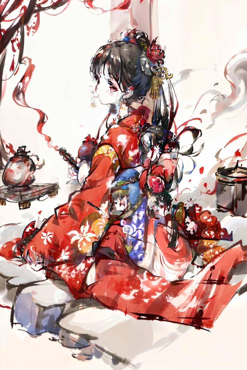花魁、kimono、Turn around、the whole、full bodyesbian、Smoke pipes、kiseru、Overall view、Gorgeous red kimono、Sister sitting、Blowing up the smoke pipe
