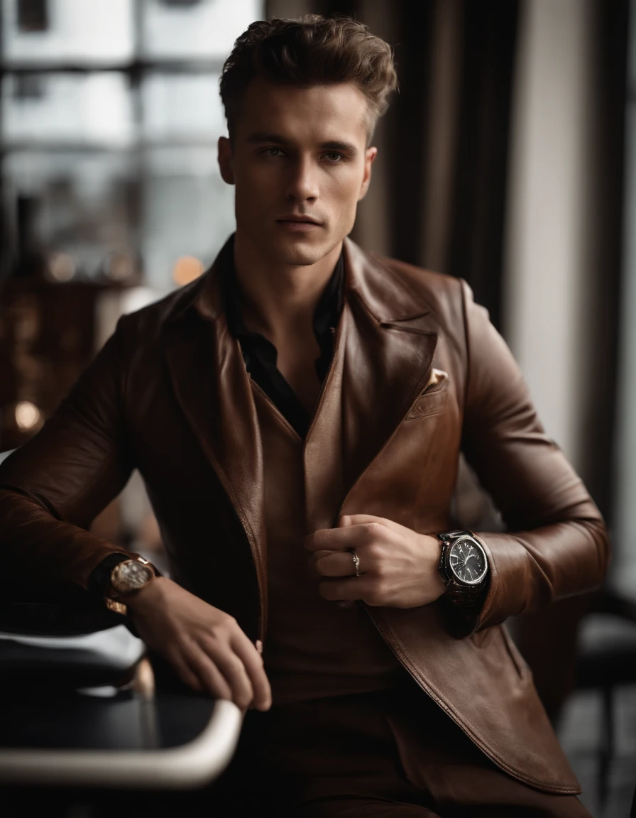 Um homem vestindo uma jaqueta de couro marrom elegante, andrzej sykut, Ultra High Definition Image, punk watch, Studio Photography, precision (mid closeup), rosto bonito, rosto claro