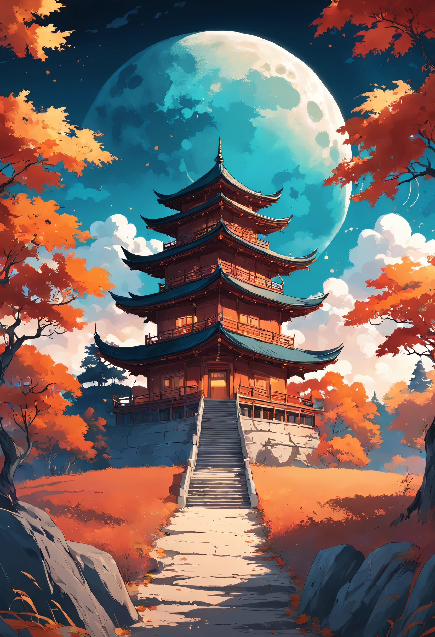 the poster for an autumn festival with a temple, moon in the sky, in the style of gauzy atmospheric landscapes, romantic illustration, precisionist art, illustration, traditional color scheme, high-contrast shading, tropical landscapes
