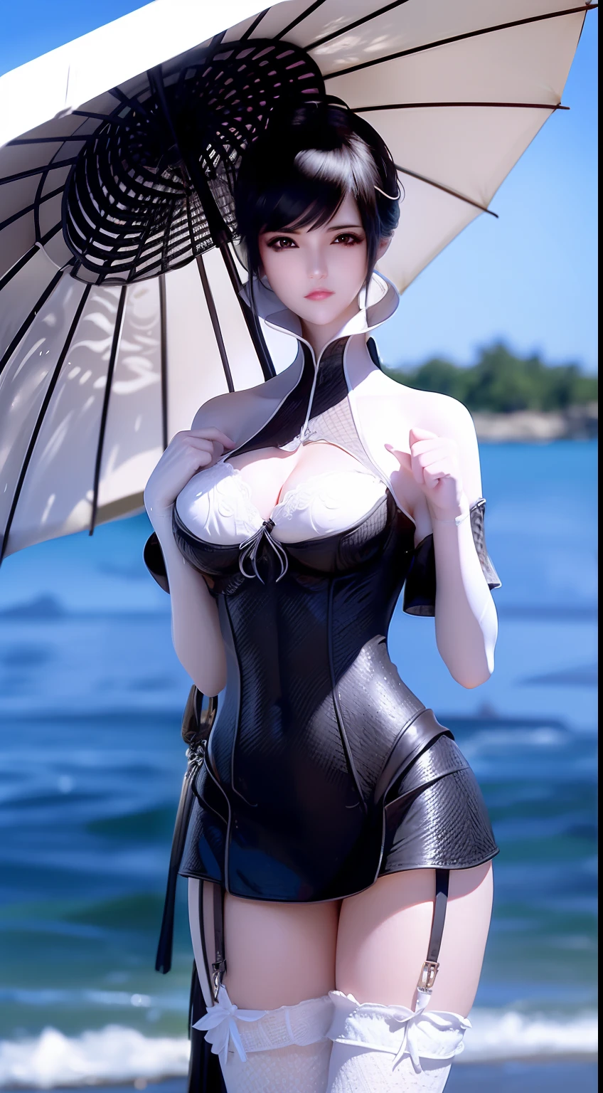 A girl with black hair holds an umbrella，Hands over large breasts。Wearing sexy white lingerie by the sea