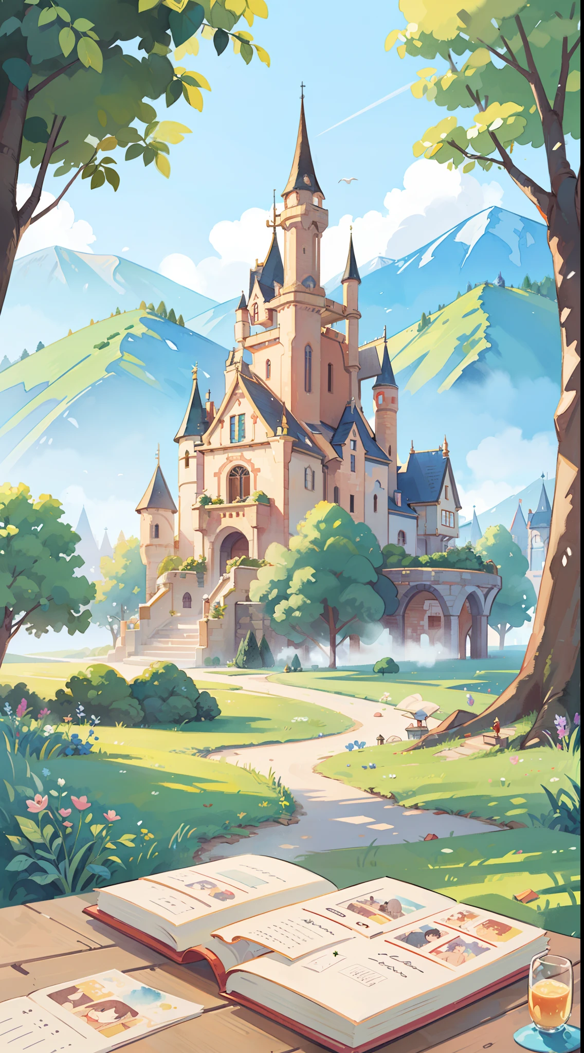 ((picture book illustration)), fantasy landscape, watercolor illustration, whimsical, warm colors, fairytale castle and village, ((princess castle)), fairytale medieval style houses, ((masterpiece)), highly detailed environment