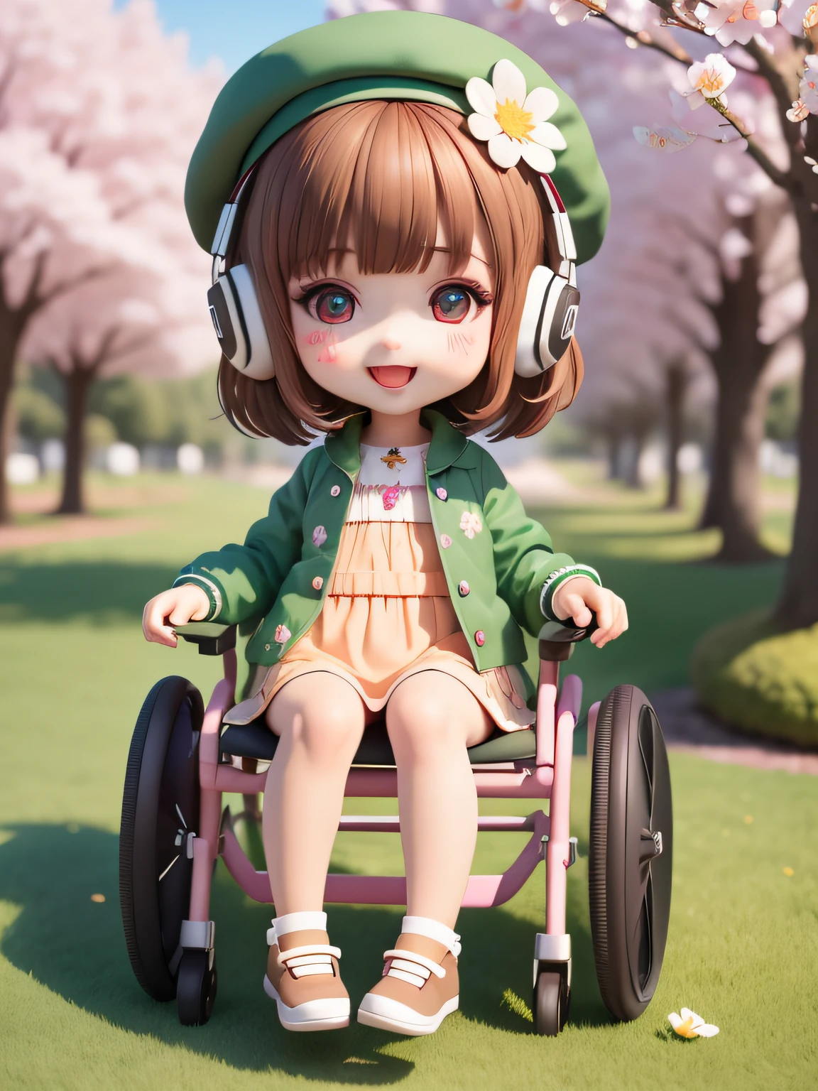 (masterpiece),(best quality),(ultra-detailed), (full body: 1.2), 1girl,chibi,cute, smile, open mouth, flower, outdoors, sitting in a wheelchair playing the guitar, music, beret, holding guitar, jacket, blush, tree, :3, shirt, short hair, cherry blossoms, green headwear, blurry, brown hair, blush stickers, long sleeves, bangs, headphones, black hair, flower pink, (beautiful detailed face), (beautiful detailed eyes),
