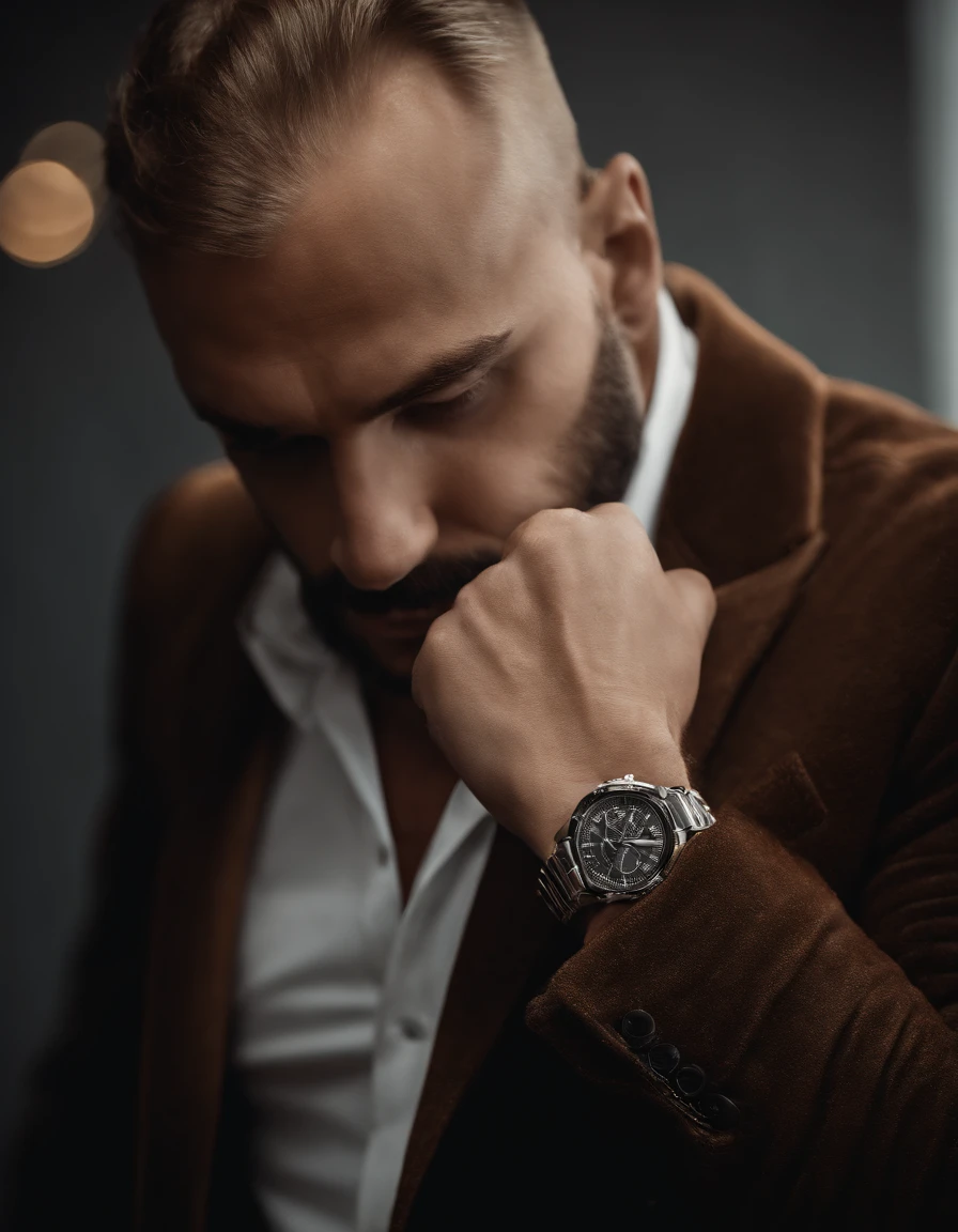 Um homem vestindo uma jaqueta de couro marrom elegante, andrzej sykut, Ultra High Definition Image, punk watch, Studio Photography, precision (mid closeup), rosto bonito, rosto claro