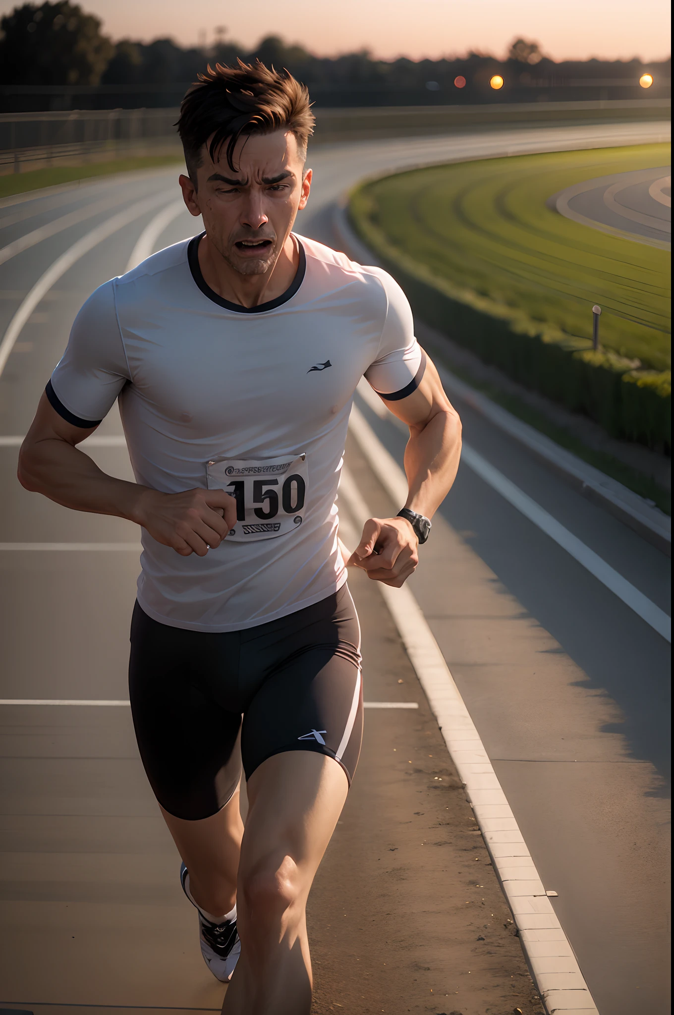 David, a middle-aged man, training on the track. He grimaces in pain as he stretches his legs.