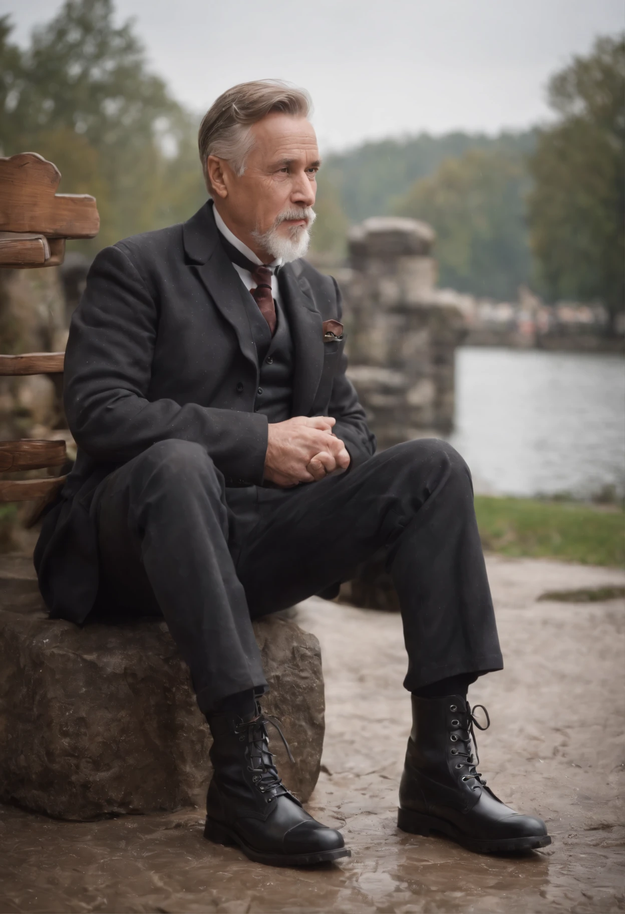 Old gentleman with a goatee,sit on chair,Eyes look at boots,Black high-gloss rain boots, 8K分辨率,Wallpaper masterpiece,Best quality,Highly meticulous,Ultra high quality