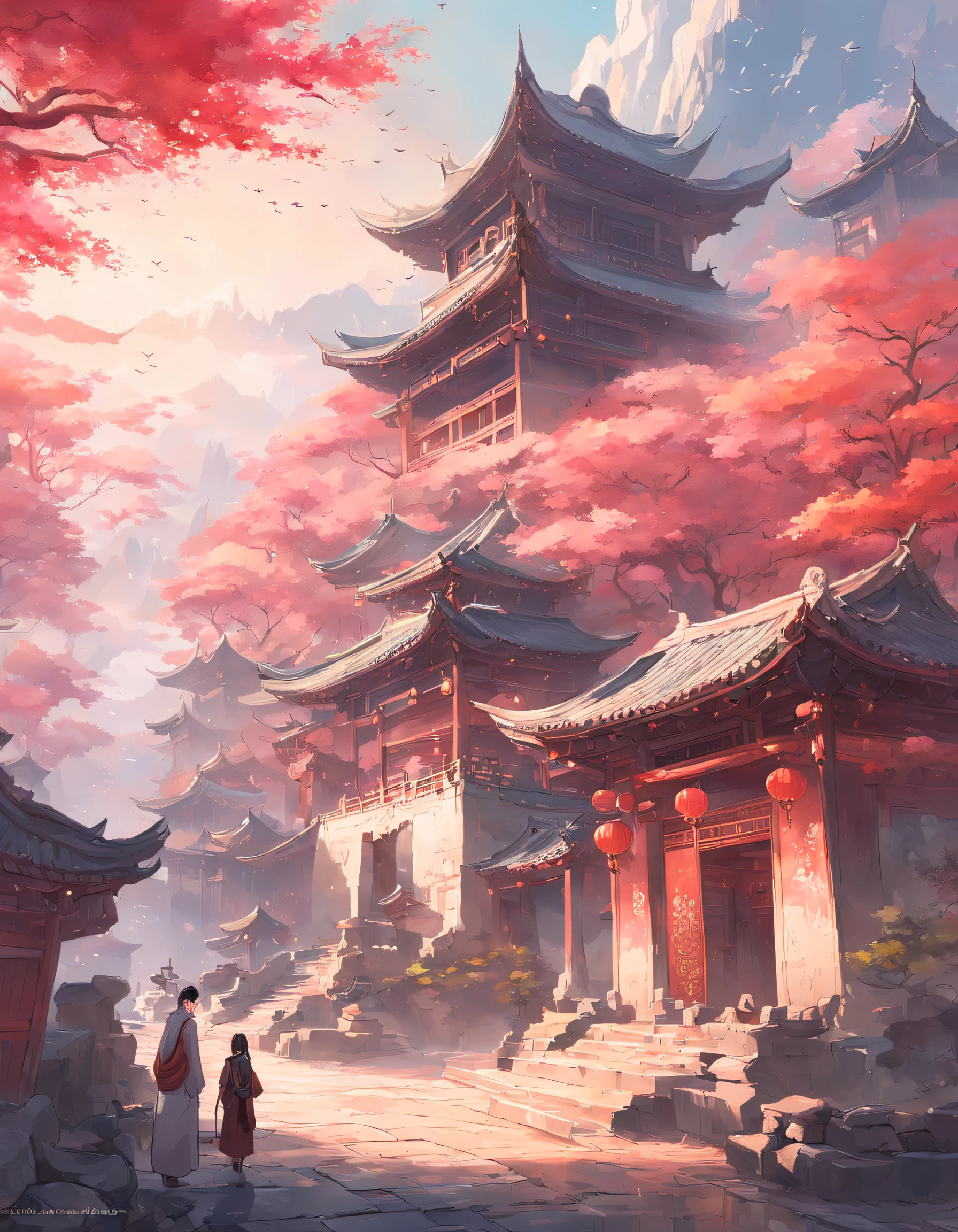 There is a painting,The painting depicts dreamy landscape art, Zen temple background, Oriental fantasy, landscape artwork, Temple background, background artwork, dreamy scenes, Detailed scenery —width 672, dreamy Chinese towns, oriental wallpaper, Chinese landscape, dreamlike digital painting, Atmospheric fantasy sky, dreamy matte painting, surreal dreamscape, Fantasy background