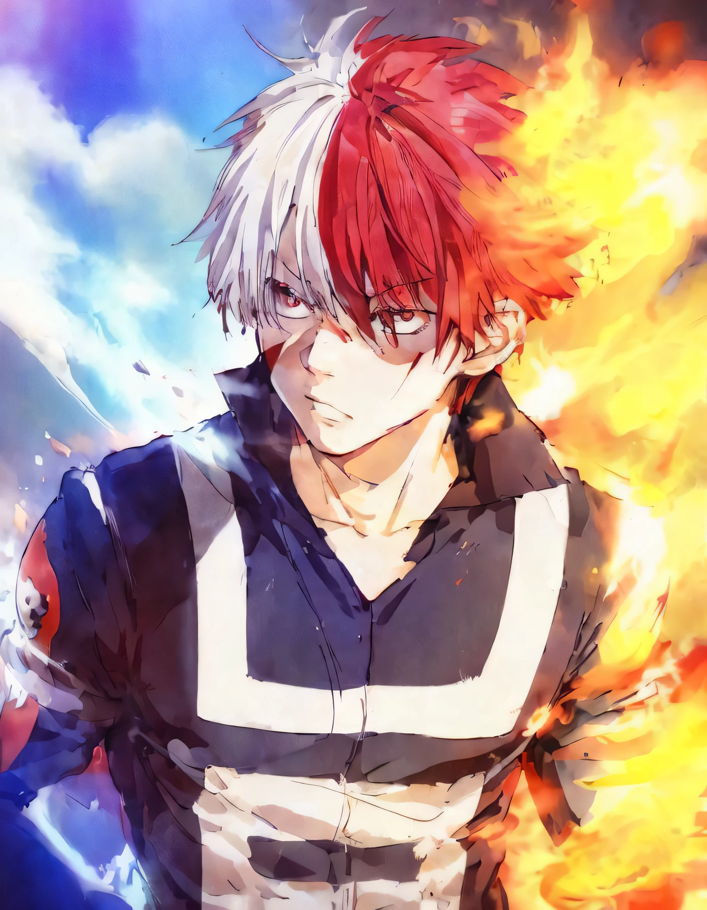 a man with red hair and white hair is standing in front of a fire, anime wallaper, kaneki ken, ichigo kurosaki, fire behind him, ken kaneki, 4 k manga wallpaper, hd anime wallaper, orange - haired anime boy, fire!! full body, official art, 4k anime wallpaper, anime wallpaper 4k, anime wallpaper 4 k