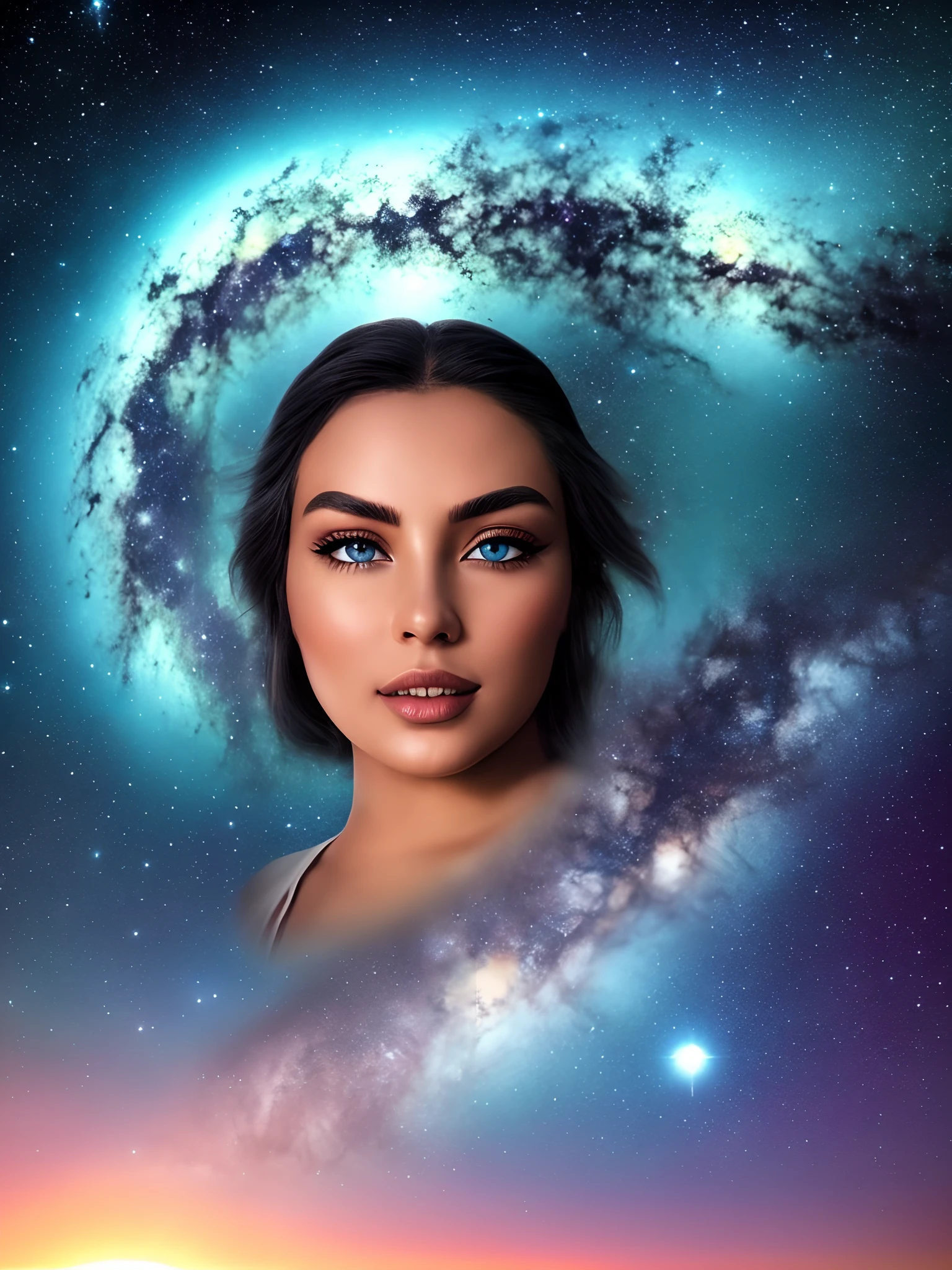 The clear night sky, real-to-life with bright  detailed, visible stars. Rich and full colors like ocean tides covering the eye-catching horizon. 

Compelling, Expressive, Harmonious, Stunning, Balanced

The sky seamlessly blended with the face of Mother nature's beauty. Mesmerizing beauty. Eyes like the deepest ocean. Alluring face, Mesmerizing face, Delicate lips, Bathing in the glow from the Universe.