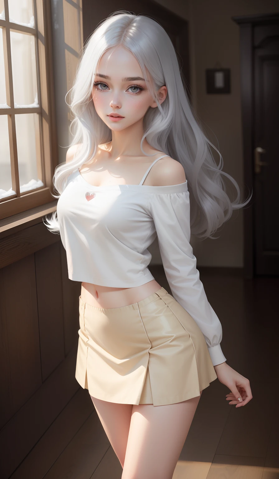 a woman in a casual clothing, white long sleeve T-shirt and circle skirt ,converse shoes, , adult face, shoulder length slightly wavy hair, ((snow white hair)) and gleaming detailed vibrant hazel eyes, slim frame, medium breasts, long legs, beautiful face, medium butt size, small feet size, small hand size, perfect hands, scary face, beautiful face, pretty face, hot woman, British woman, cream skin, small soft pink lips , small to medium breast size, sharp features, slim hourglass figure, ashen hair, soft features