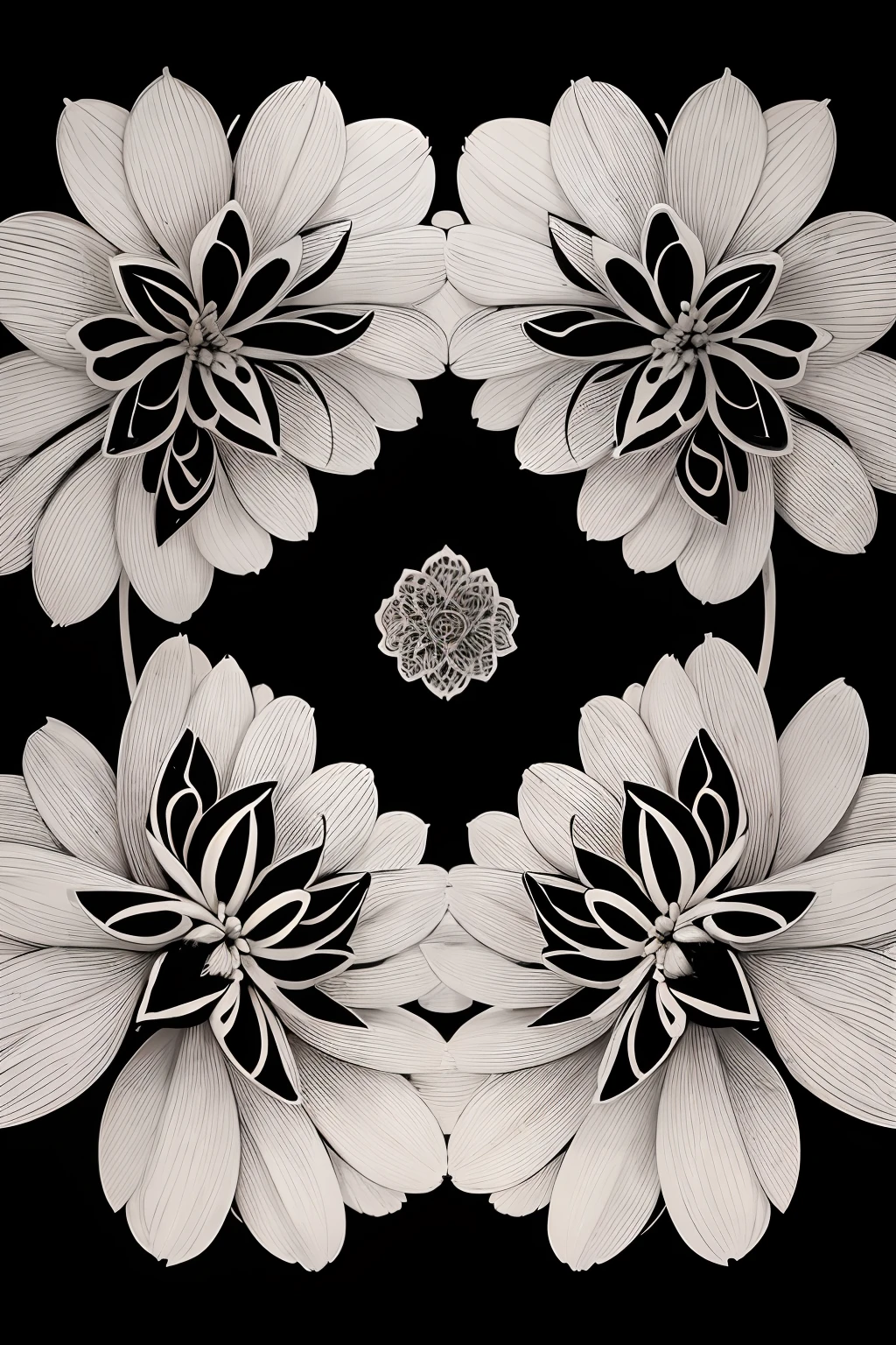 black and white symmetrical flower lines, white background