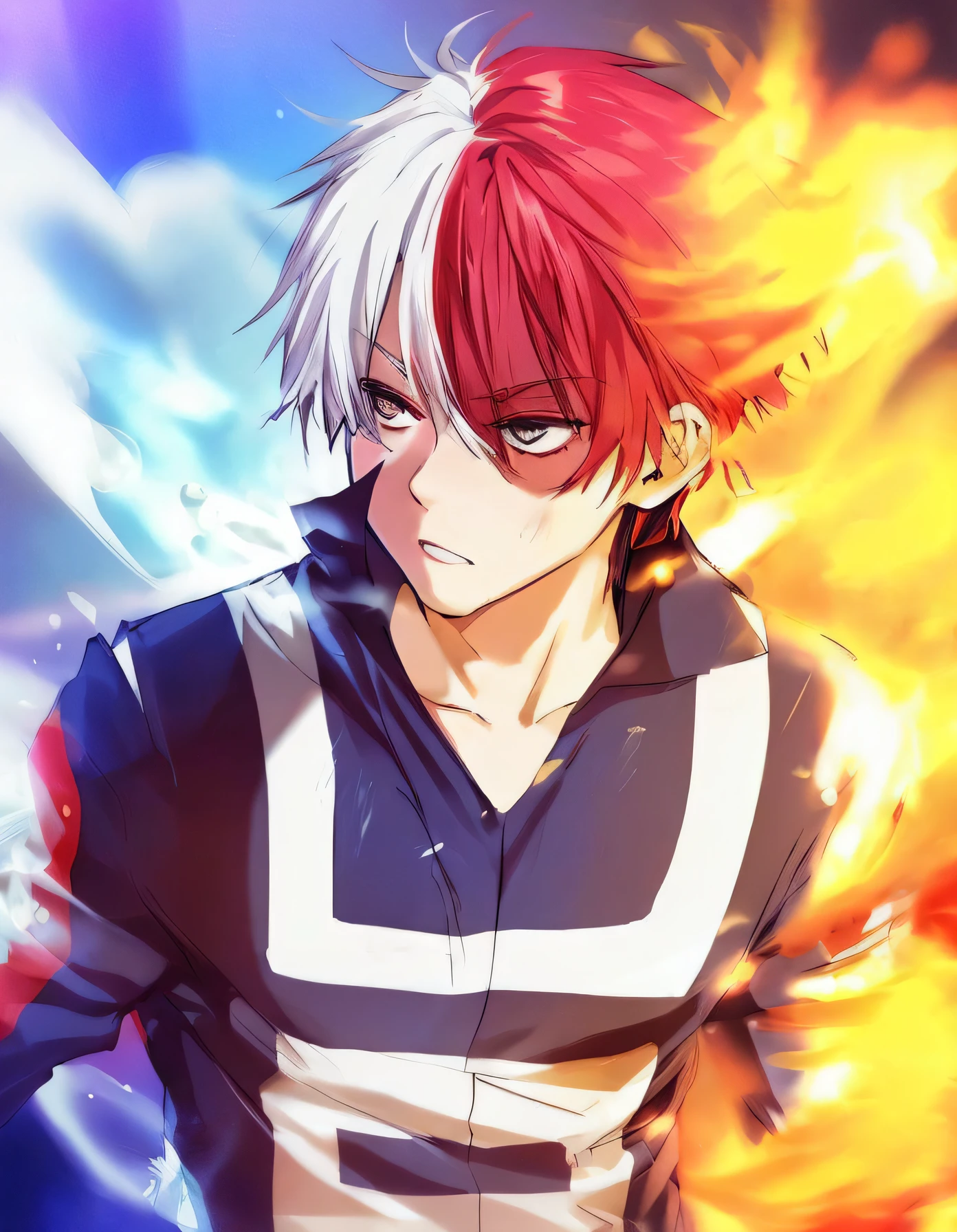 a man with red hair and white hair is standing in front of a fire, anime wallaper, kaneki ken, ichigo kurosaki, fire behind him, ken kaneki, 4 k manga wallpaper, hd anime wallaper, orange - haired anime boy, fire!! full body, official art, 4k anime wallpaper, anime wallpaper 4 k, anime wallpaper 4k