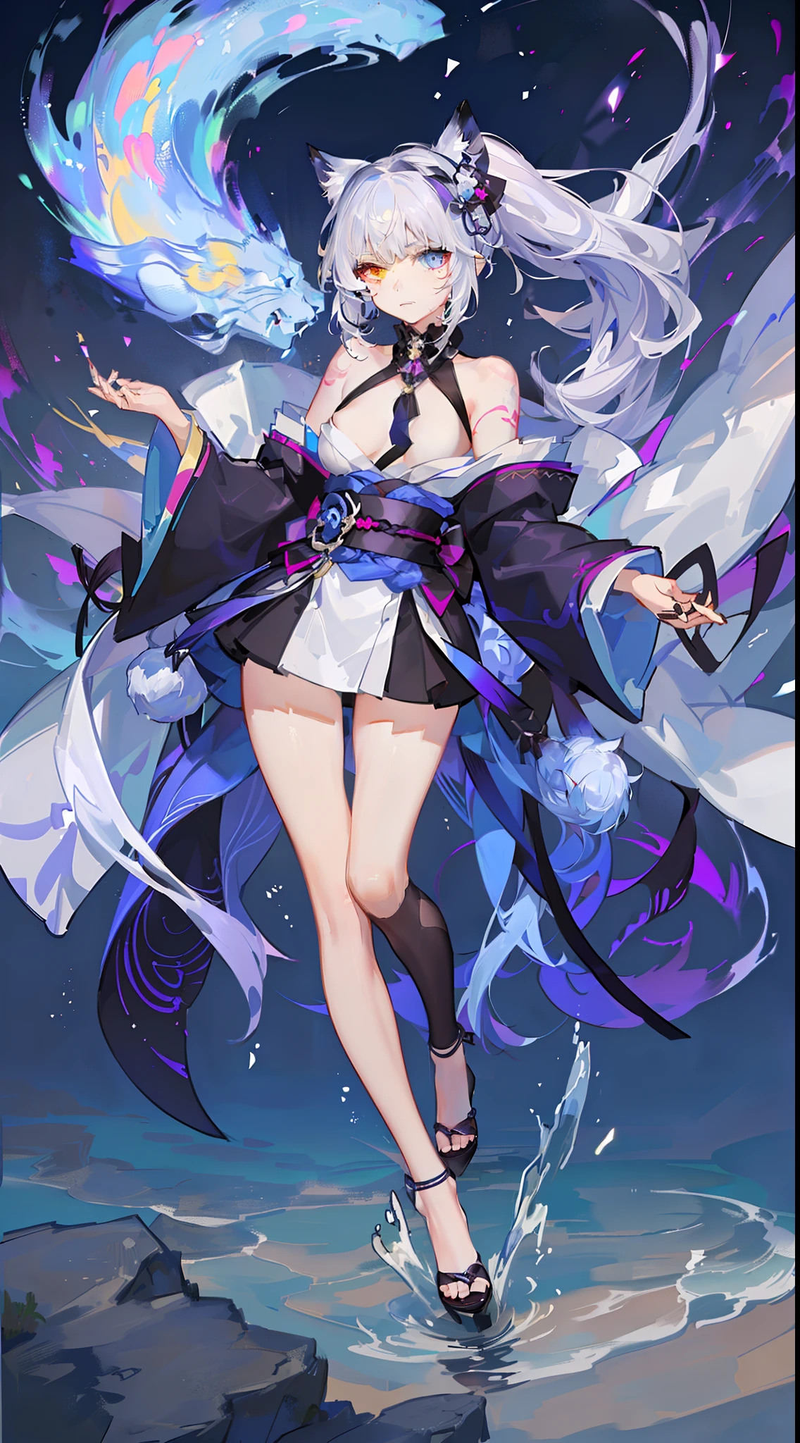 young girl, white colored hair, Cat's ears, high ponytail, Heterochromia, blue and purple eyes, Blue kimono, tattoo, Sleeveless, Deep neckline on the chest, open breasts, open shoulders, Masterpiece, hiquality, high detail, HD, 4k