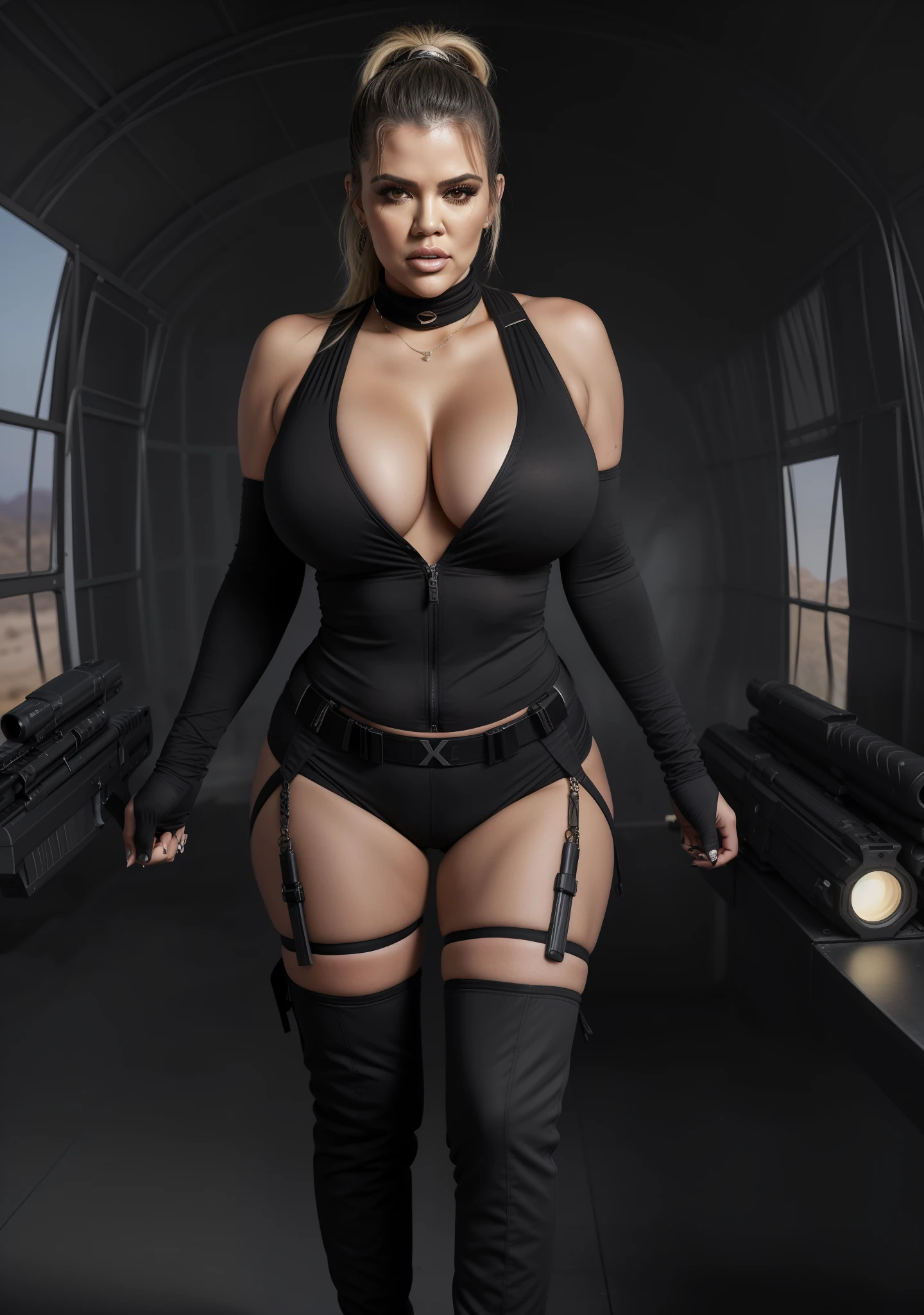 Khloé Kardashian, Day scene, athletic milf curvy upper body, thigh high boots, large breasts, camouflage top with hot pants, posing with guns in desert army camp, massive cleavage show, seductive face, seducing eye expression, tied up high ponytail hair, erotic adult face, 40 yo, soft volumetric lights, intricate details, (ArtStation:1.2)