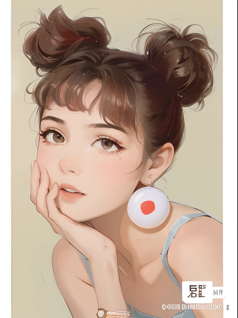 Close-up of a woman wearing a pair of earrings on her head, kawaii hair style, kawaii hair style, with round face, Brown hair in two buns, two pigtails hairstyle, Popular Korean makeup, big earrings, round cheeks, white hime cut hairstyle, curly bangs and ponytail, Twin tail hairstyle, braid hairstyle, Girl with messy hairstyle in a bun