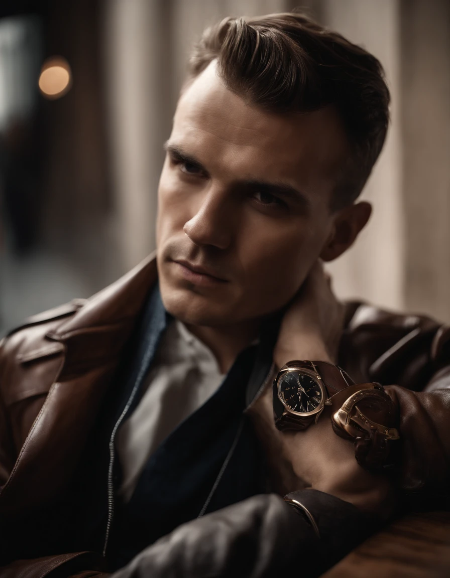 Um homem vestindo uma jaqueta de couro marrom elegante, andrzej sykut, Ultra High Definition Image, punk watch, Studio Photography, precision (mid closeup), rosto bonito, rosto claro