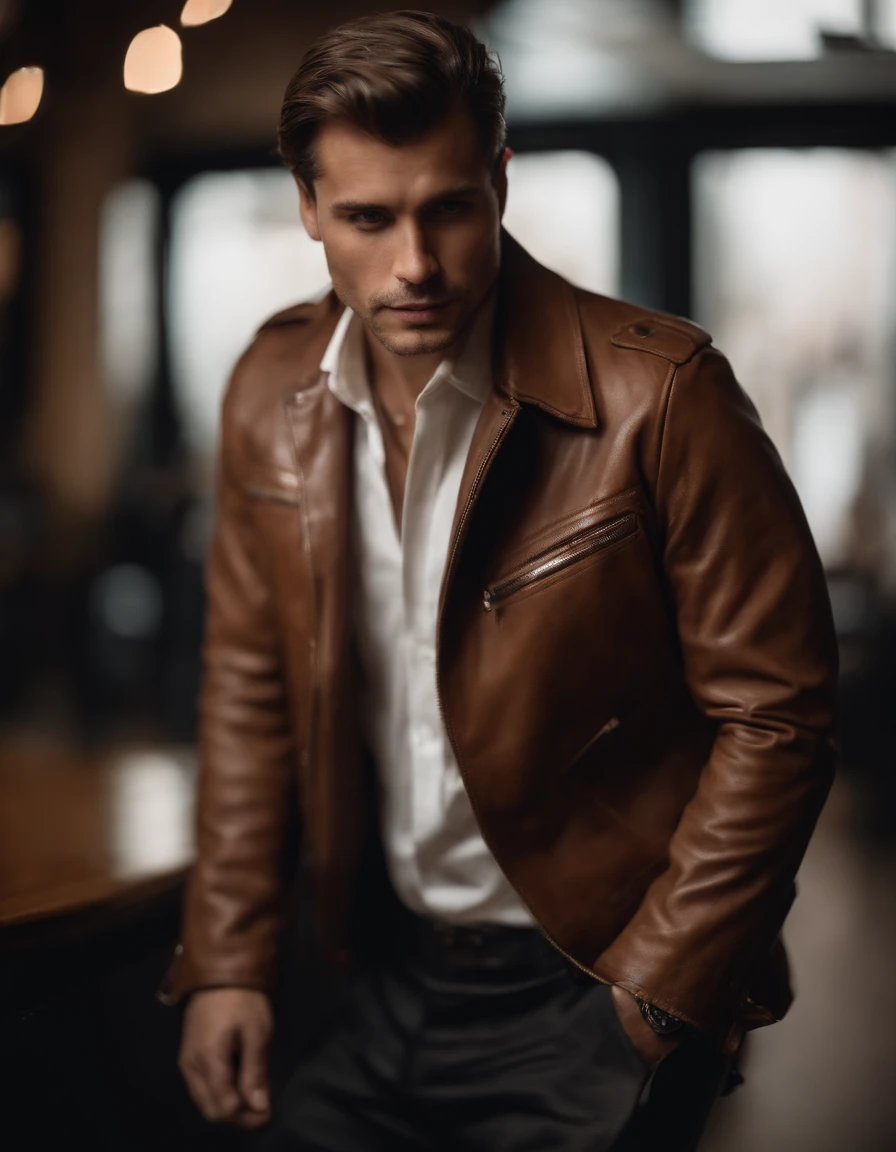 Um homem vestindo uma jaqueta de couro marrom elegante, andrzej sykut, Ultra High Definition Image, punk watch, Studio Photography, precision (mid closeup), rosto bonito, rosto claro