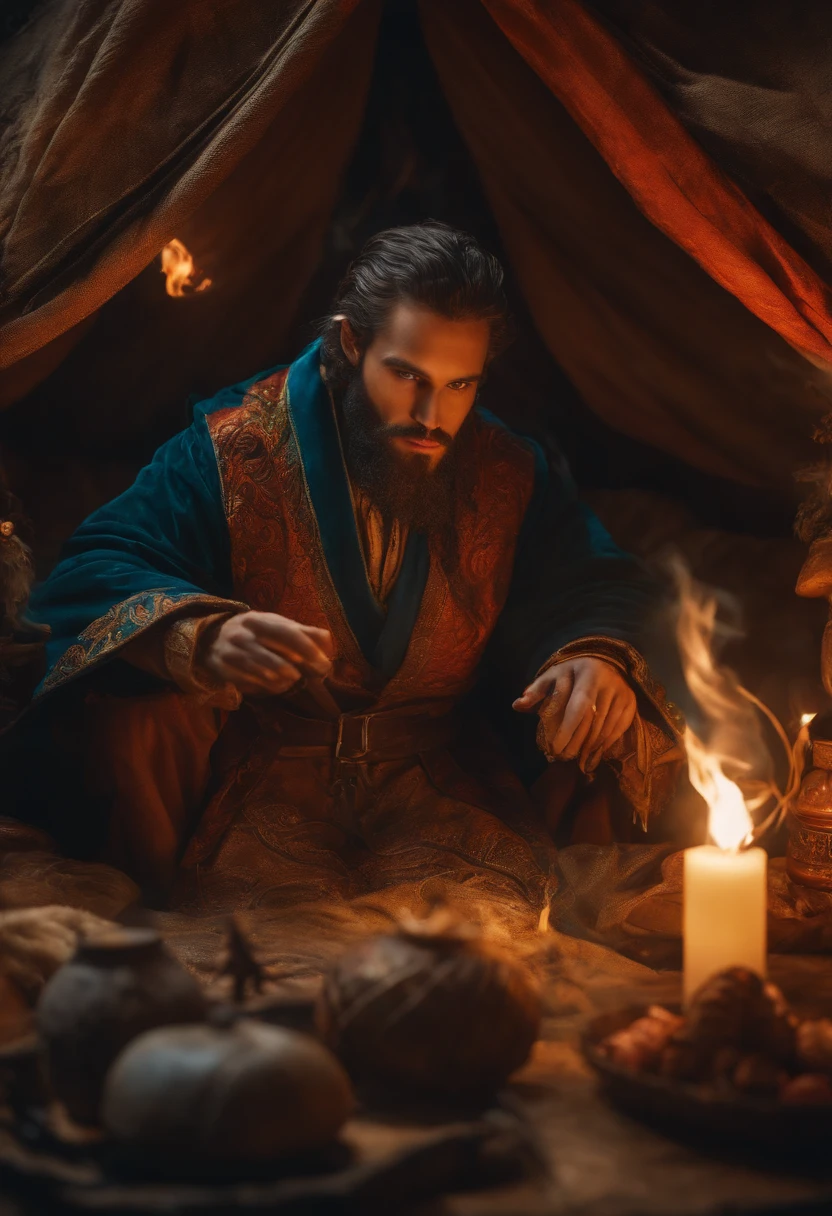 Perto de: Kobolt, small humanoid with draconian features, dragon face, com corpo coberto de escamas, wearing sorcerer's clothes in a tent full of items casting a spell as he floats