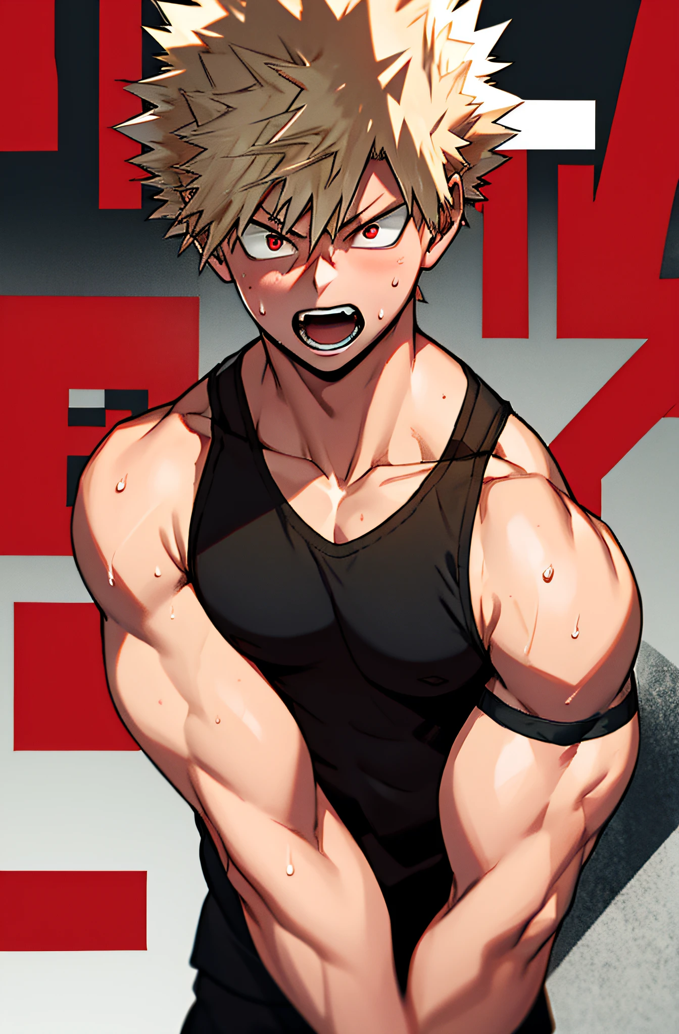 horikoshi kouhei, 1boy, absurdres, bakugou katsuki, bare shoulders, black tank top, blonde hair, blurry, blurry background, boku no hero academia, chama kou, highres, looking away, male focus, muscular, muscular male, open mouth, red eyes, short hair, spiked hair, sweat, tank top, twitter username, wiping sweat,