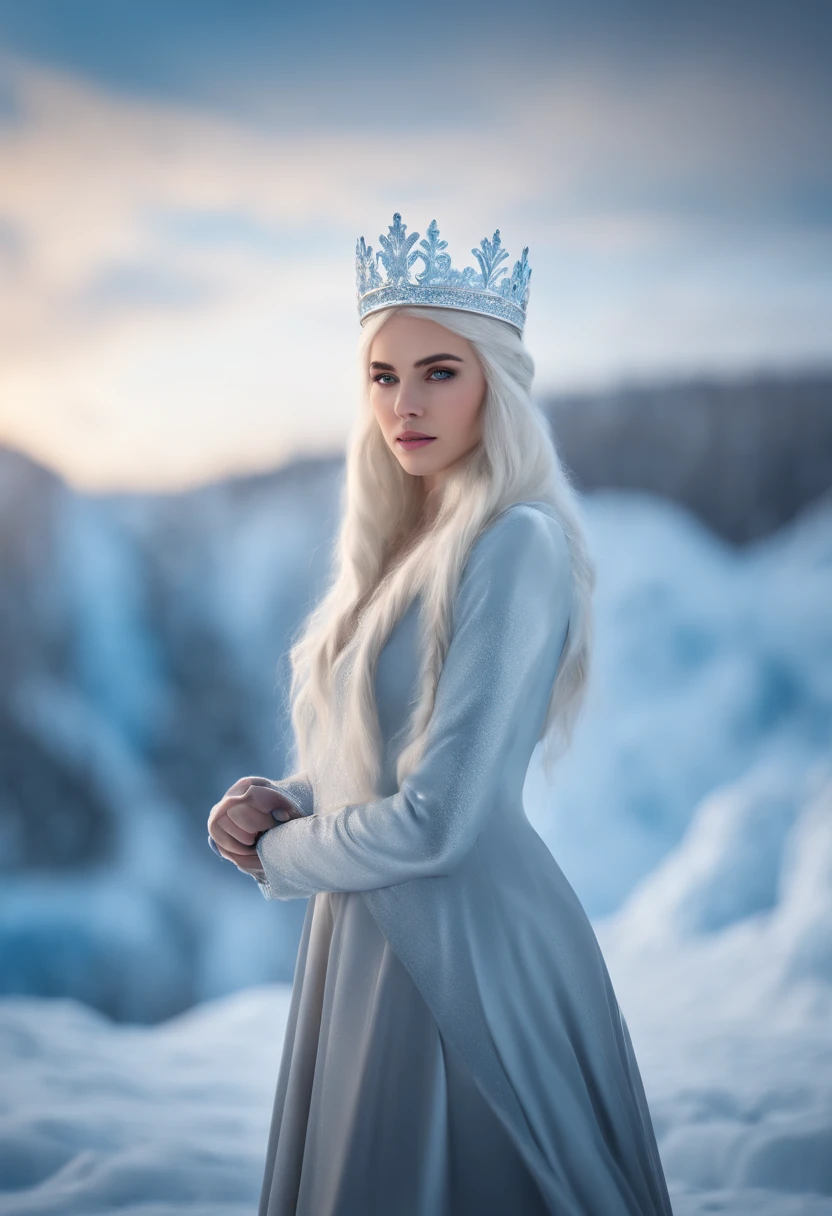 A girl with white hair and ice powers in a frozen landscape with snow and a crown made of ice,(best quality,highres,masterpiece:1.2)ultra-detailed,realistic, HDR, studio lighting, extreme detail description, professional, sharp focus, physically-based rendering, vivid colors, bokeh, portraits, ice blue color palette, icy lighting.