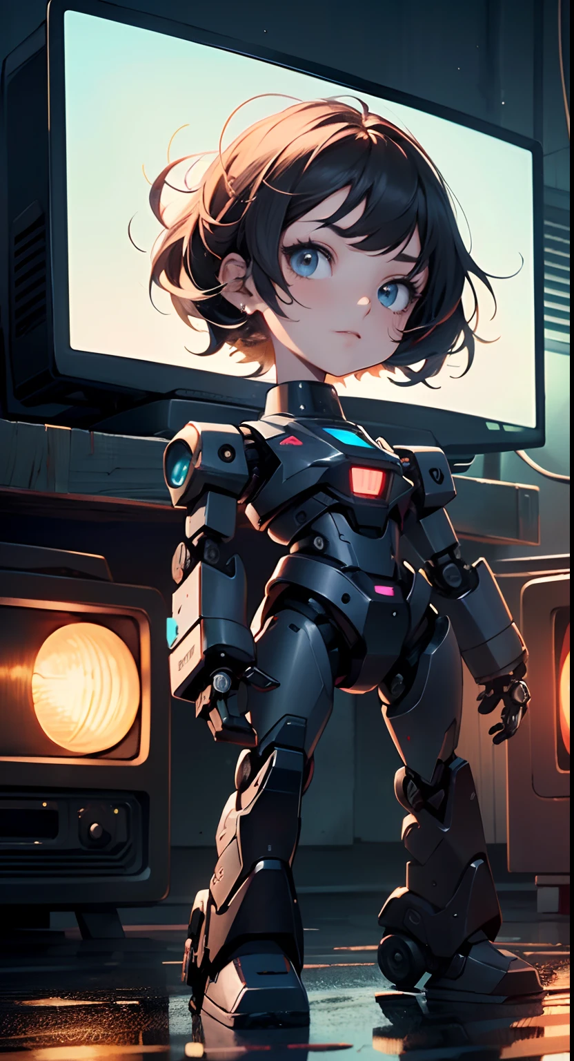 (((TV robot with mechanical arms and legs))),

(((tiny little robot))) with ((((TV head)))). He has (((shaped like a cube with mechanical arms and legs))),and a (((screen on his face))) that displays emoticons and coded messages,Strange head, black tv head,detailed TV head,intricate robot,

(((Object_head,televison_head))),

(dynamic pose:1.0),solo focus,(centered,scale to fit dimensions,Rule of thirds),

cyberpunk city by the ocean at night, with bright neon signs and dark stormy clouds and puddles, scenery:1.25,

highres, sharp focus, (ultra detailed, extremely detailed), (photorealistic artwork:1.37),(extremely detailed CG unity 8k wallpaper),((synthwave background theme)),(((vibrant colors))),(intricate background),(masterpiece),(best quality),