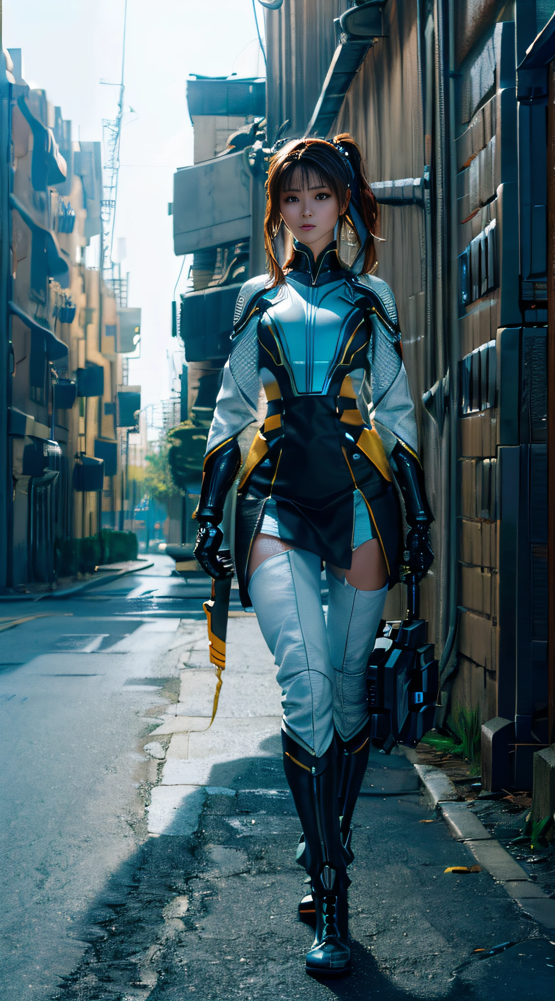 ((Best quality)), ((masterpiece)), (highly detailed:1.3), 3D,Shitu-mecha, beautiful cyberpunk women with her mecha in the ruins of city from a forgoten war, ancient technology,HDR (High Dynamic Range),Ray Tracing,NVIDIA RTX,Super-Resolution,Unreal 5,Subsurface scattering,PBR Texturing,Post-processing,Anisotropic Filtering,Depth-of-field,Maximum clarity and sharpness,Multi-layered textures,Albedo and Specular maps,Surface shading,Accurate simulation of light-material interaction,Perfect proportions,Octane Render,Two-tone lighting,Low ISO,White balance,Rule of thirds,Wide aperature,8K RAW,Efficient Sub-Pixel,sub-pixel convolution,luminescent particles,light scattering,Tyndall effect(the face is female more photorealistic & full body frighting kungfu action pose)(99% is female,1% is robot)( outdoor) ((Low angle))