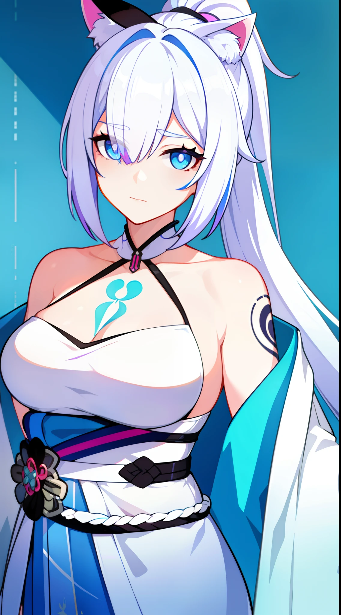young girl, white colored hair, Cat's ears, high ponytail, Heterochromia, blue and purple eyes, Blue kimono, tattoo, Sleeveless, Deep neckline on the chest, open breasts, open shoulders, Masterpiece, hiquality, high detail, HD, 4k
