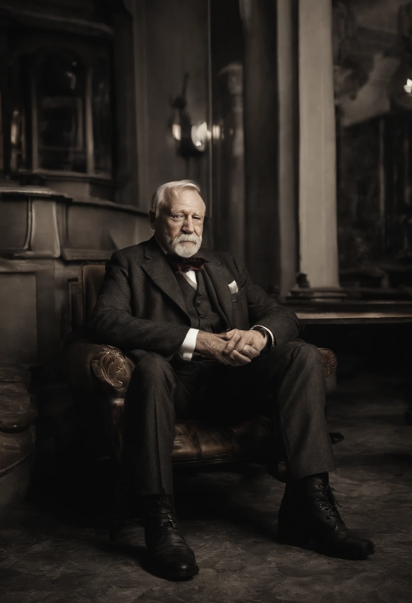 Old gentleman with a goatee，sit on chair，Eyes look at boots，Black high-gloss rain boots, 8K分辨率,Wallpaper masterpiece，Best quality，Highly meticulous，Ultra high quality