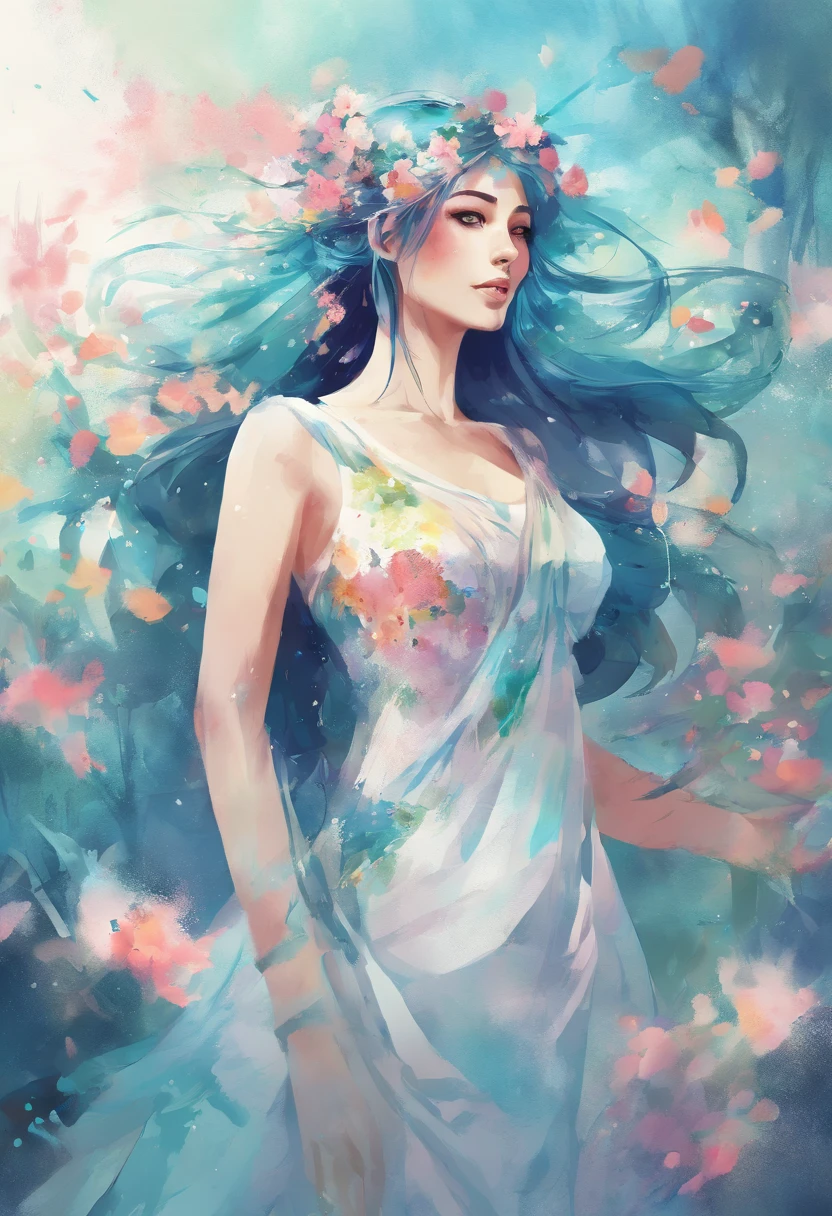(best quality),(masterpiece:1.2), (colorful:0.9), (ink splashing),(color splashing),((watercolor)), clear sharp focus, model shot,, (portrait goddess of spring:1.5), cute expression,elegant blue colored hair, beautyfull detailed face and eyes, elegant goddess clothing, spring forest background,, colorwater