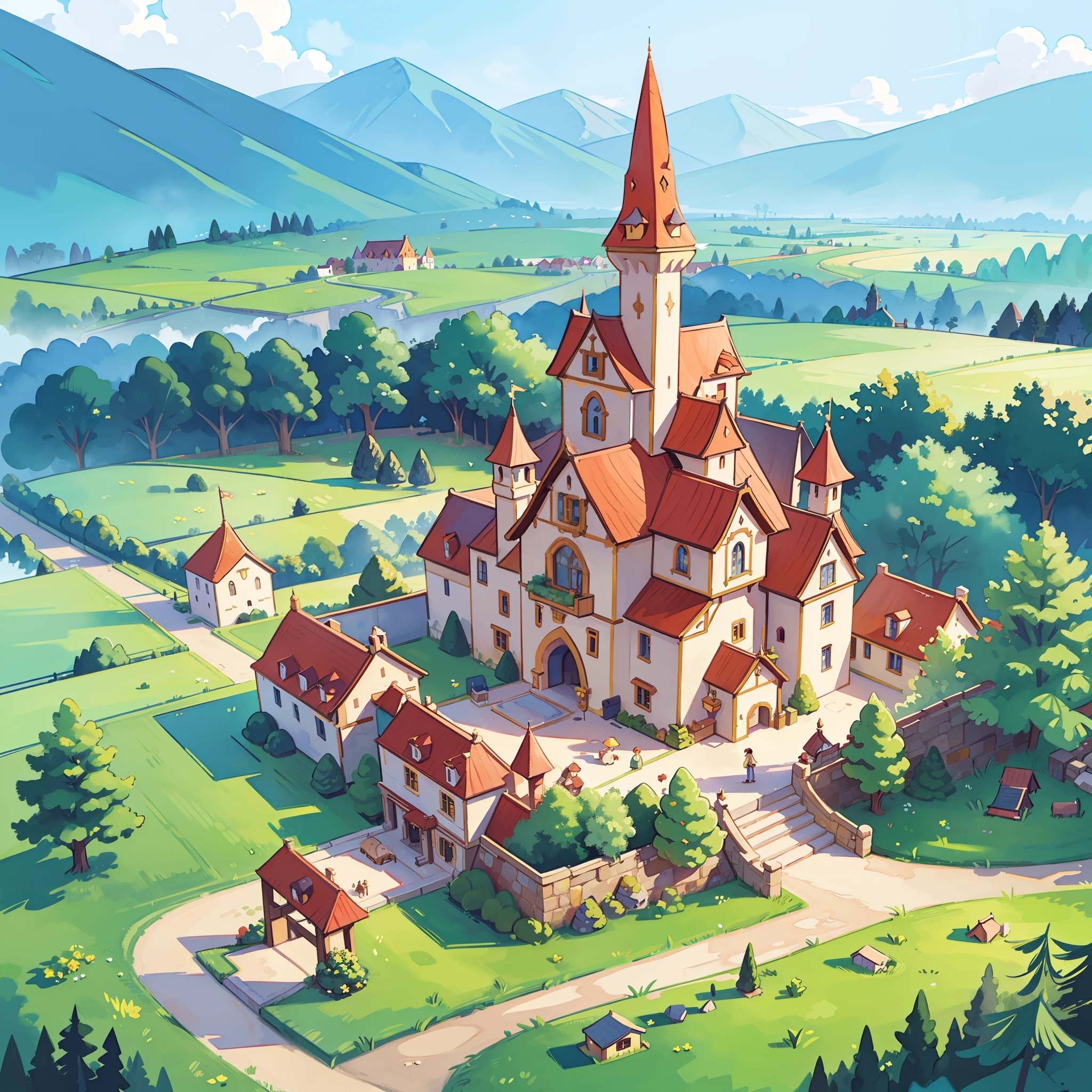 ((picture book illustration)), fantasy landscape, watercolor illustration, whimsical, warm colors, fairytale castle and village, ((princess castle)), fairytale medieval style houses, ((masterpiece)), highly detailed environment