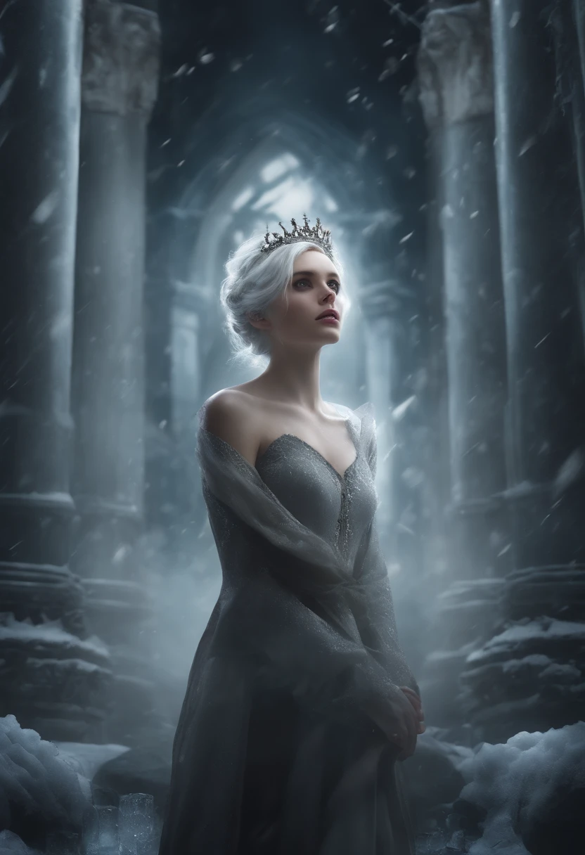(best quality,4k,8k,highres,masterpiece:1.2),ultra-detailed,(realistic,photorealistic,photo-realistic:1.37),short white-haired girl with icy crown,psychotic expression,destroyed setting with pillars of ice,dark anime art,illustration,cracked ice texture,detailed environment,moody lighting,vivid colors,emotional,surreal,lonely,haunting,stylish,casual clothing,torn clothes,expressionless face,distorted proportions,mysterious shadows,strong contrast,highly detailed eyes,pale skin,unique art style,hair flowing in the wind,dramatic pose,unforgiving wasteland,icy mist,ominous atmosphere,creepy ambiance,cold color palette,ethereal beauty,foreboding,twisted reality,ice crystals,chaotic surroundings,emptiness,lost in thought,mystical,unpredictable,unstable.