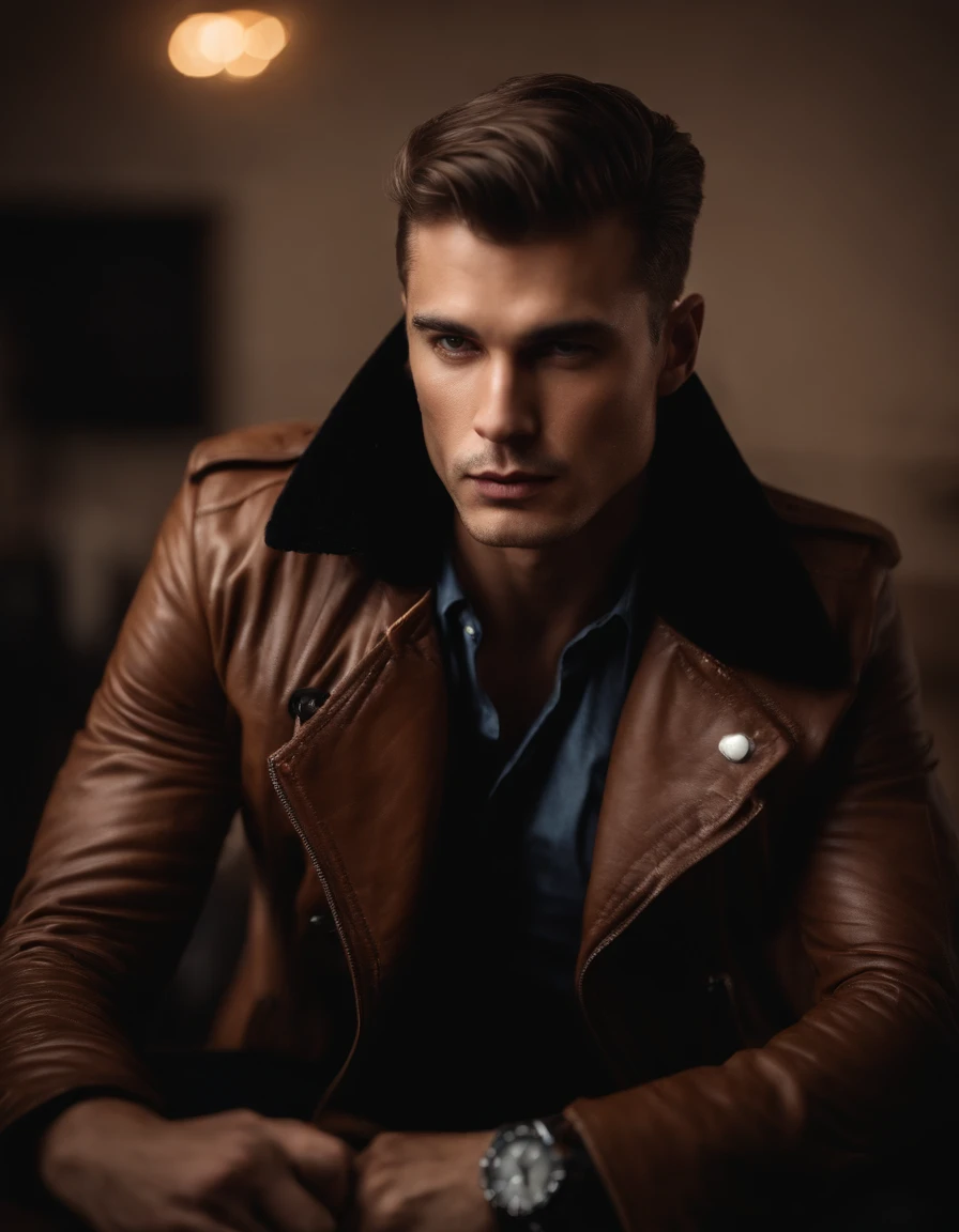 Um homem vestindo uma jaqueta de couro marrom elegante, andrzej sykut, Ultra High Definition Image, punk watch, Studio Photography, precision (mid closeup), rosto bonito, rosto claro