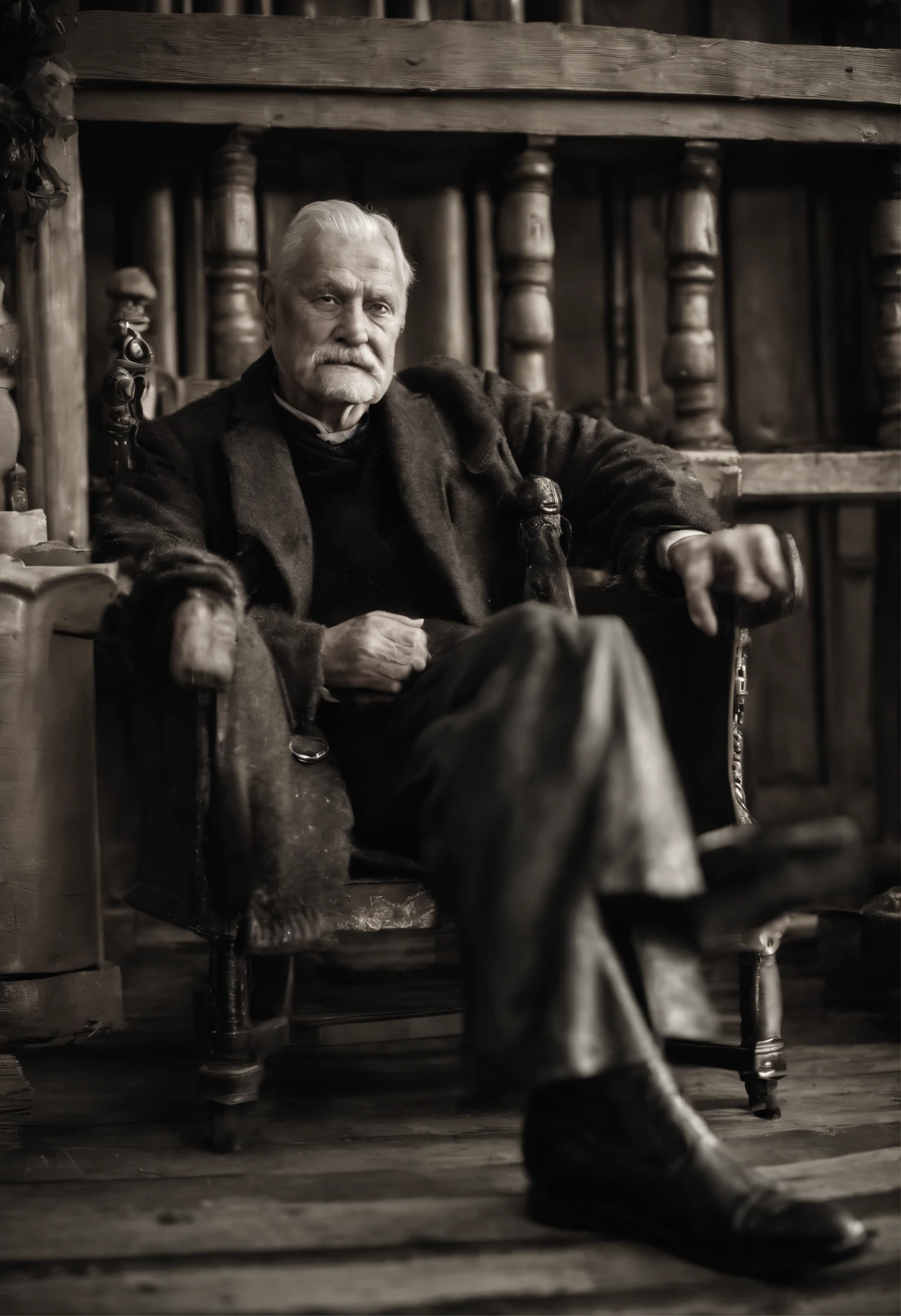 (night), sexy beauty, ruin, ghost, psychic photo, old man in a chair, complex horror background, intricate detail, art, close-up, painting, detail, cartoon, movie shot, fantasy, low saturation, vignette, [HDR], dark, dark, creepy, monotone, scary, dark, dark, swarming evil spirits,