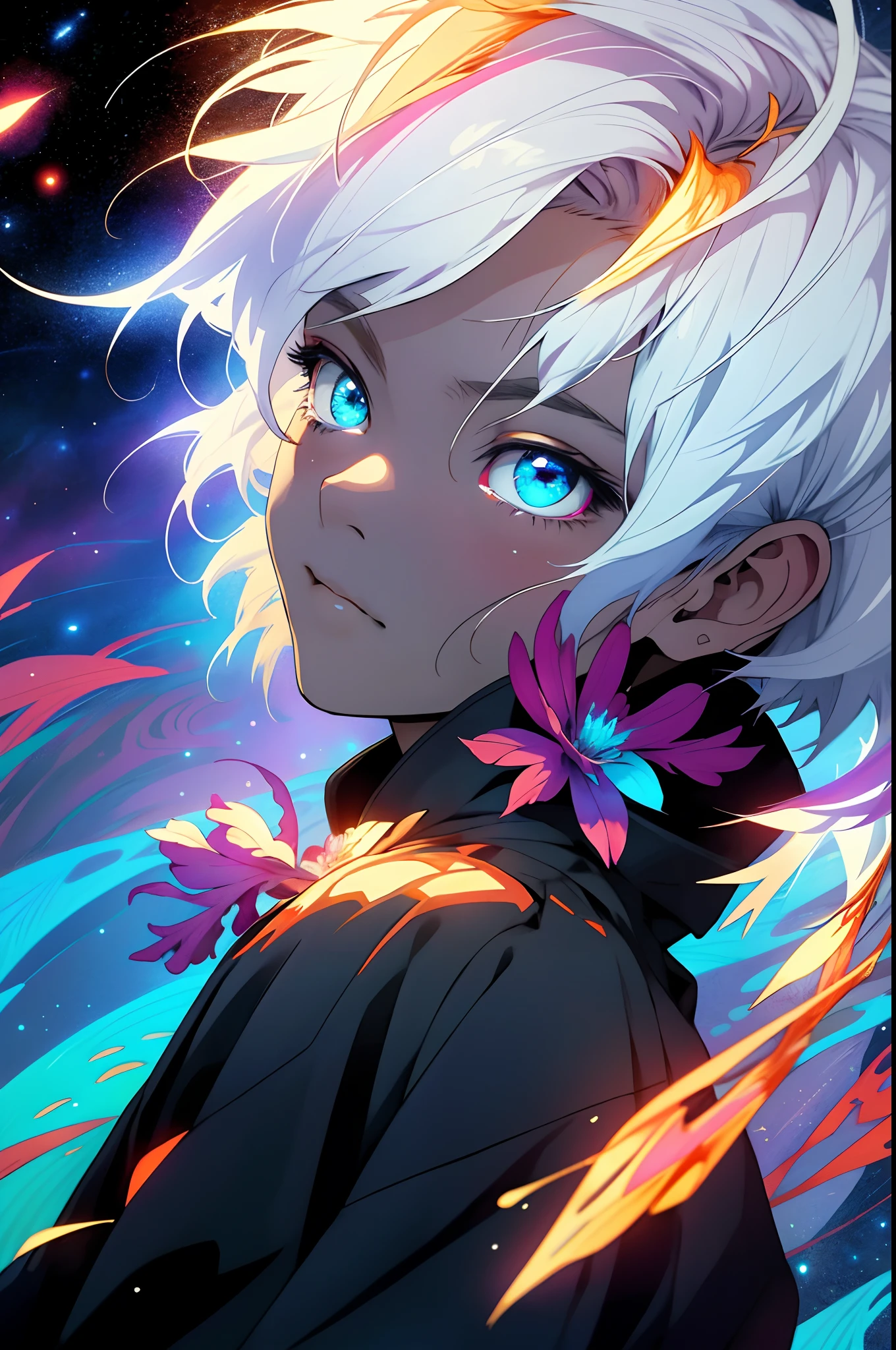 realisticlying，（tmasterpiece，top Quority，best qualtiy，offcial art，Beauty and aesthetics：1.2），The is very detailed，s fractal art，Colorful，Most detailed，zentangle，（abstract backgrounds：1.5）（1boys：1.3），Kamimei，White color hair，short detailed hair，（Glowing blue eyes），mistic，starrysky，Handsome man，(((Lycoris radiata)))，salama