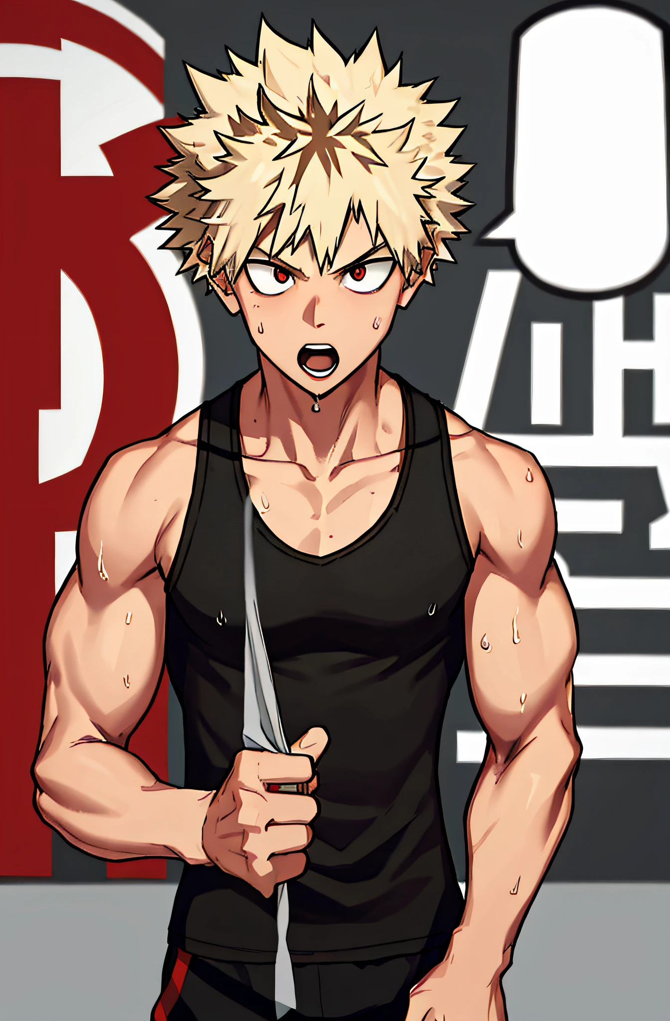 horikoshi kouhei, 1boy, absurdres, bakugou katsuki, bare shoulders, black tank top, blonde hair, blurry, blurry background, boku no hero academia, chama kou, highres, looking away, male focus, muscular, muscular male, open mouth, red eyes, short hair, spiked hair, sweat, tank top, twitter username, wiping sweat,