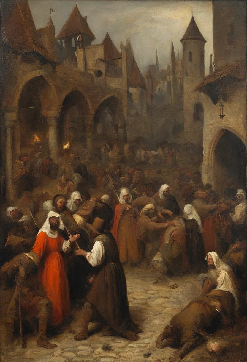 medieval times,Bubonic Plague,Dead crowds,The earliest records of the Black Death date back to 1348,
8K,a color,