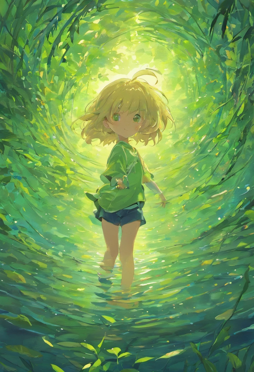 A boy holds a fish tank，The boy was surrounded by willow branches，Willow，Divine，Little fish in an anime boy fish tank，Round fish tank，Transparent fish tank，The fish tank faces away from the avalanche，Ahead is the Milky Way，anime big breast